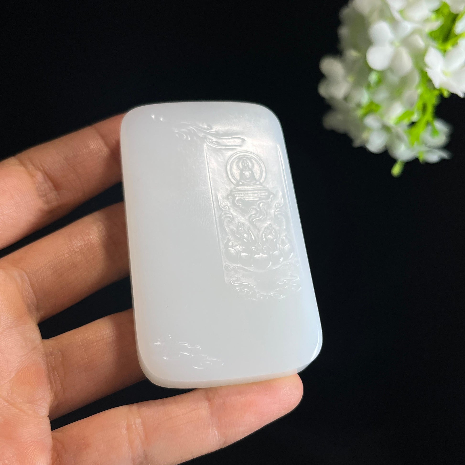 和田玉羊脂白玉“莲台行愿”普贤雕刻挂件（yc349412）