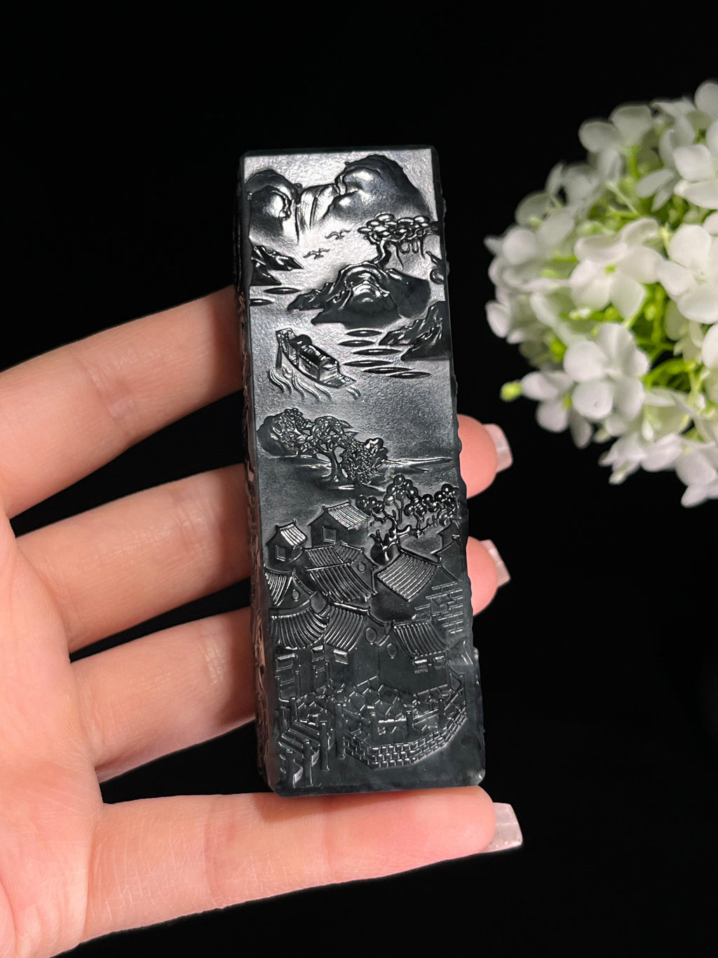 和田玉青花山水印章（yc244630）