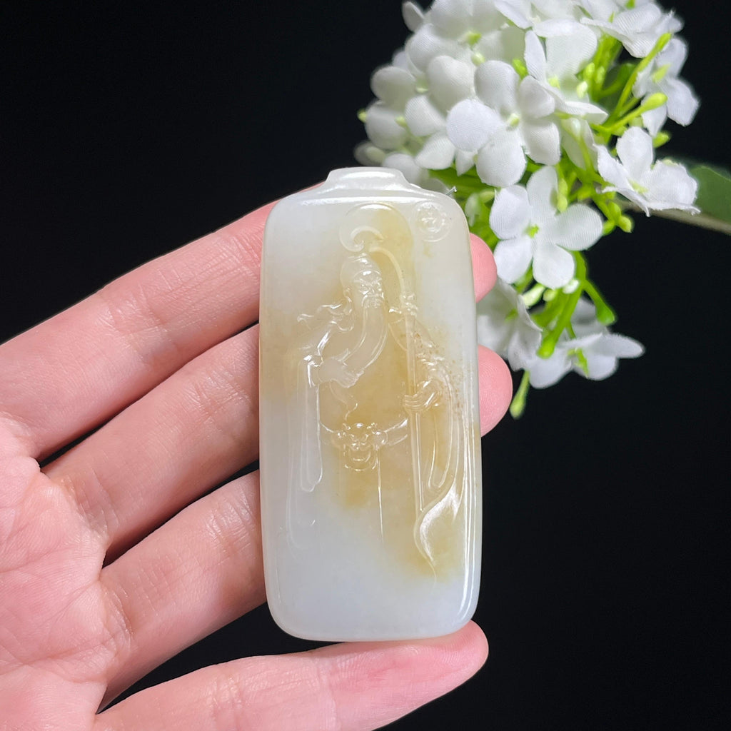 和田玉且末糖白玉“单刀赴会”关公雕刻挂件（yc304854）