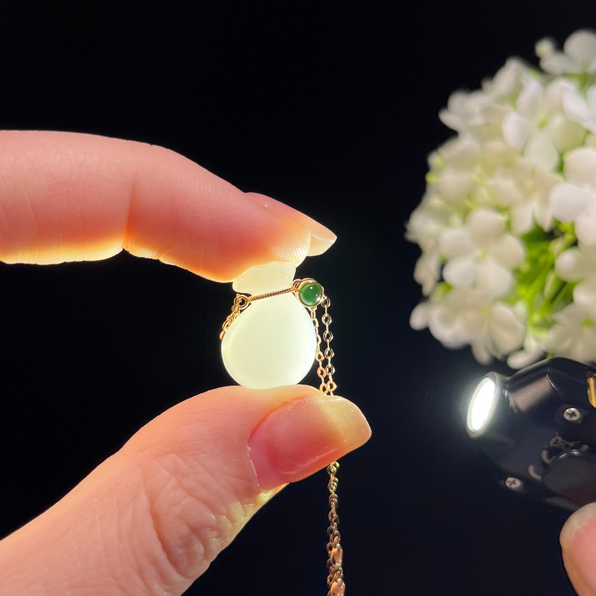 新疆天然和田玉羊脂白玉18K金镶玉福袋（yc351499）