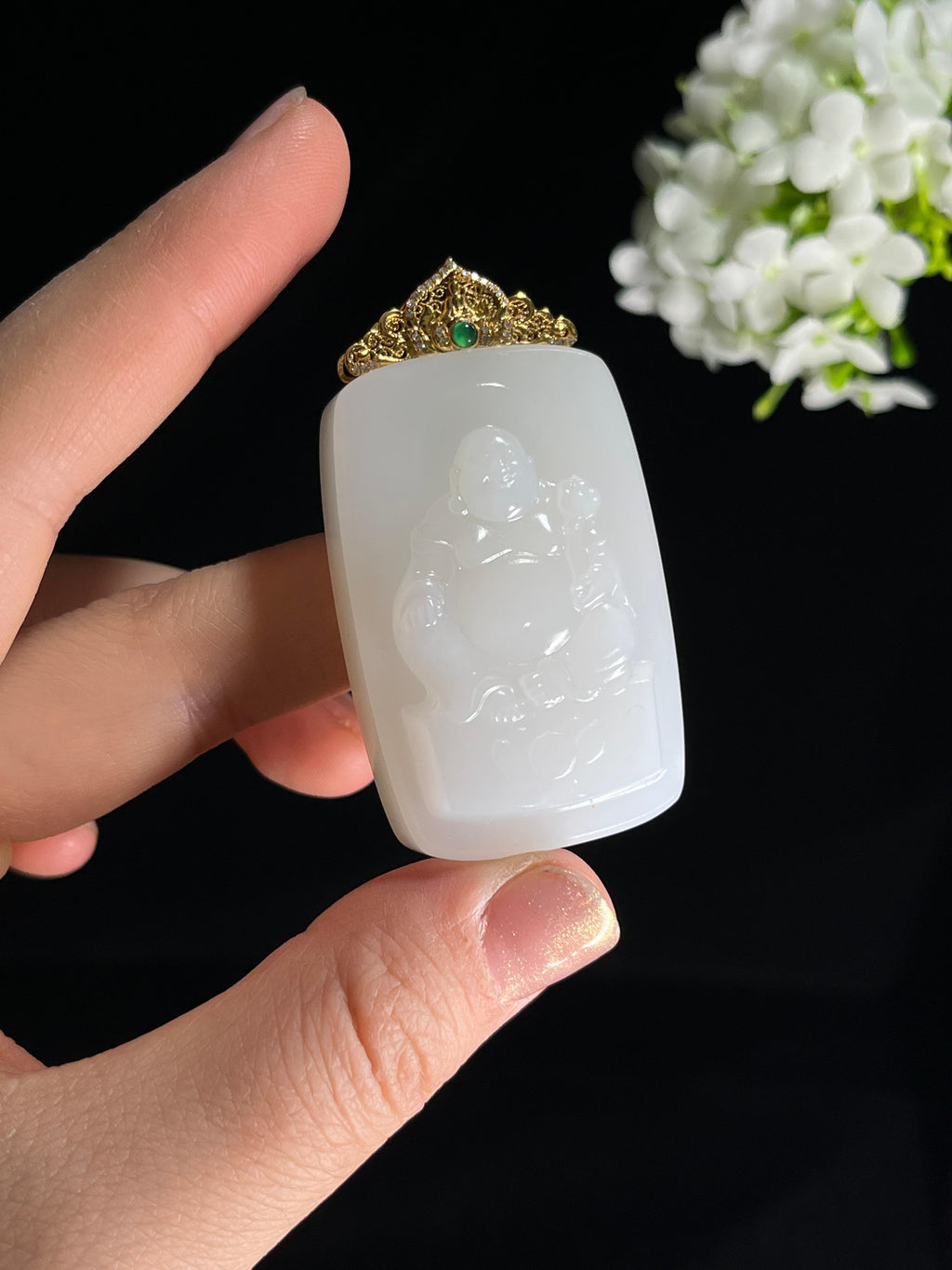 18k金镶和田玉白玉弥勒佛雕刻“福满乾坤”挂件（yc267088）