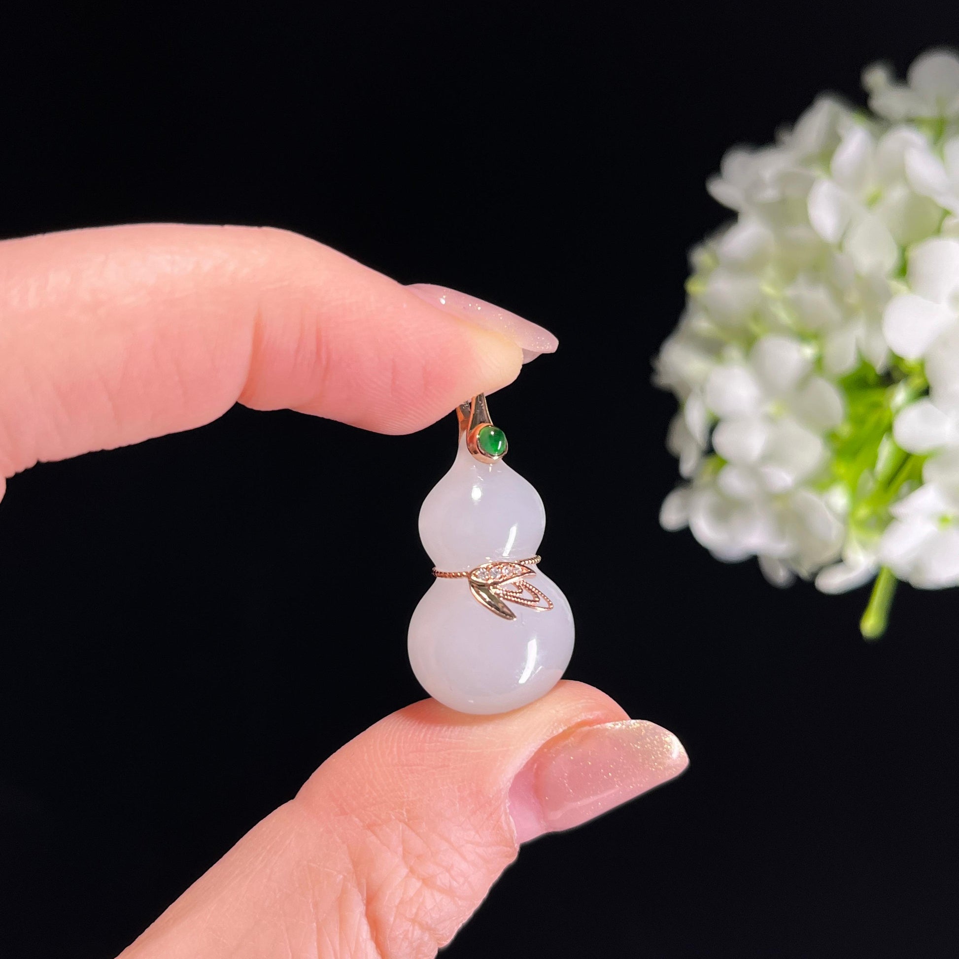 新疆天然和田玉羊脂白玉18K金镶玉葫芦挂件（yc351501）