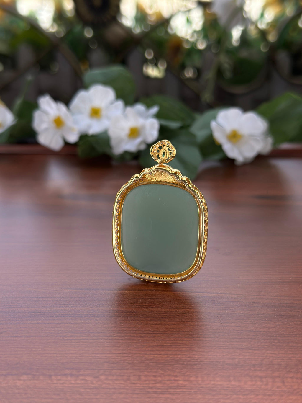 和田玉精品18K 金镶碧玉粉青方糖无事牌挂件（yc704543）