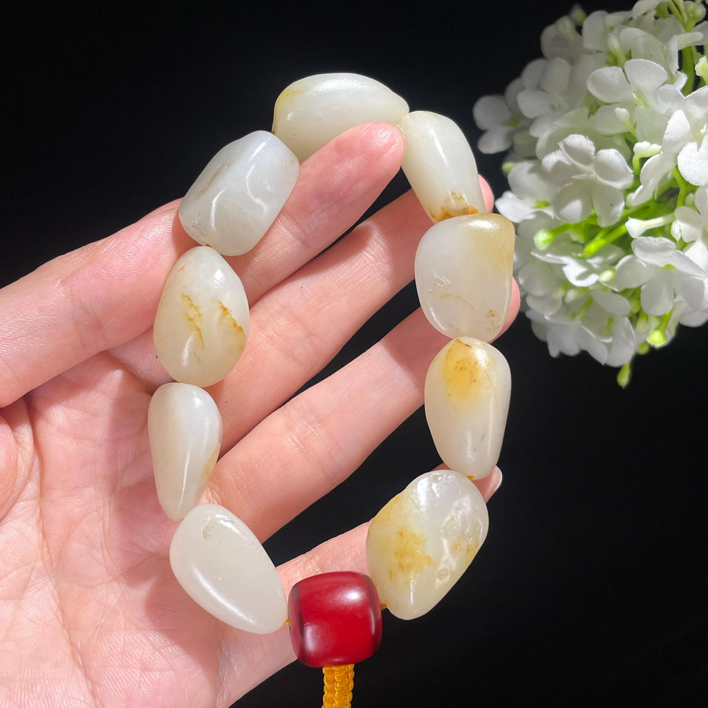 新疆和田玉白玉洒金皮原籽手串（9颗）（yc488949）