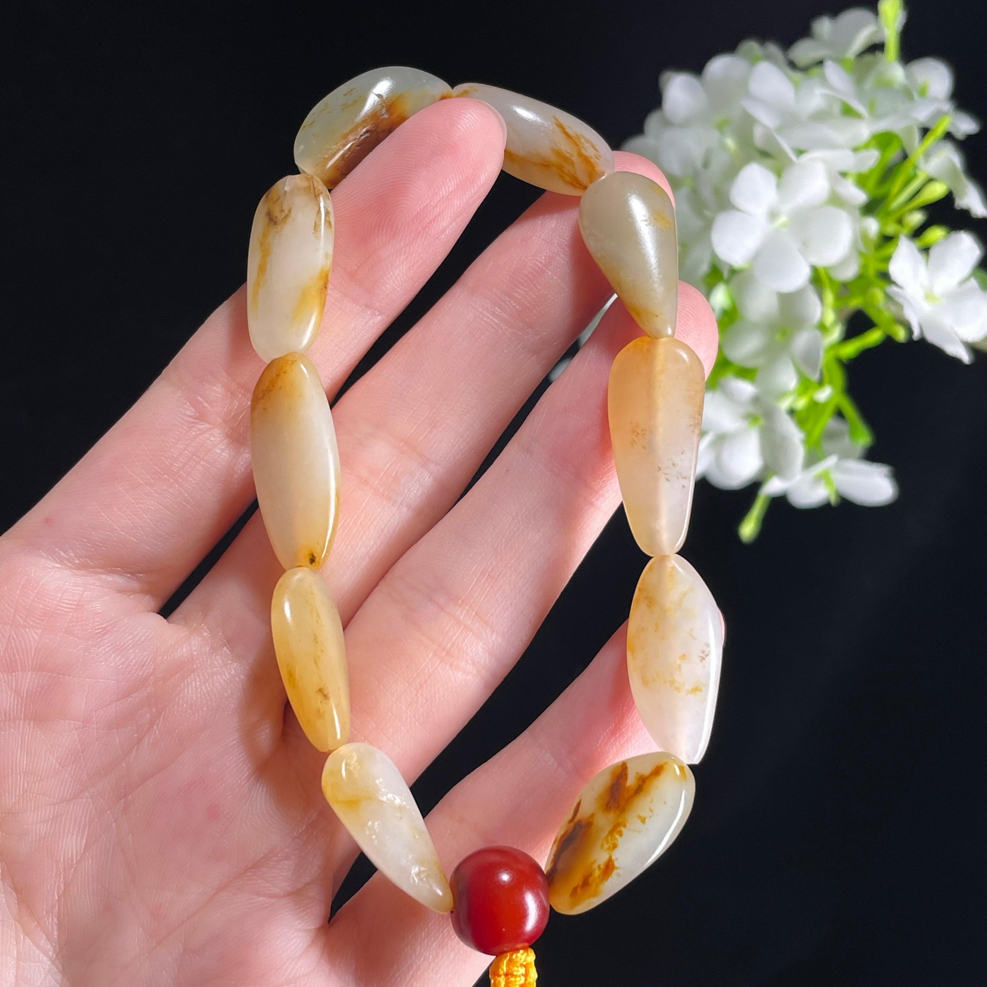 新疆天然和田玉白玉红皮原籽手串（10颗）（yc395998）