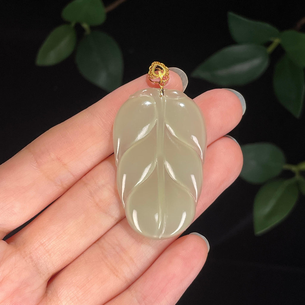 中秋特惠，和田玉 18K 金镶晴水金枝玉叶挂件（yc734665）
