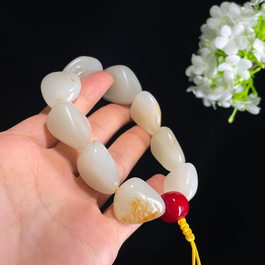 新疆天然和田玉白玉洒金皮原籽手串（yc410653）