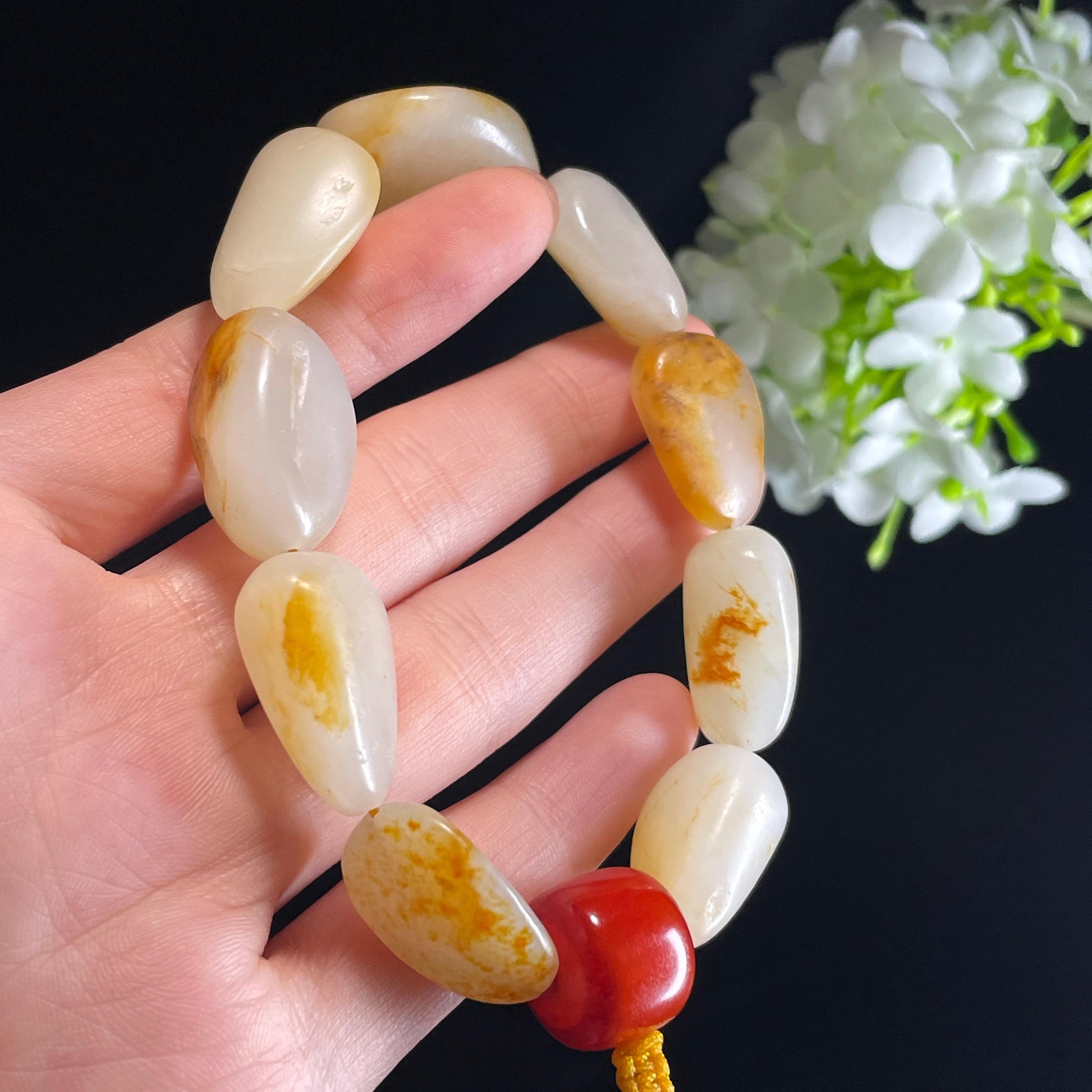 和田玉白玉洒金皮红皮原籽手串（yc356189）