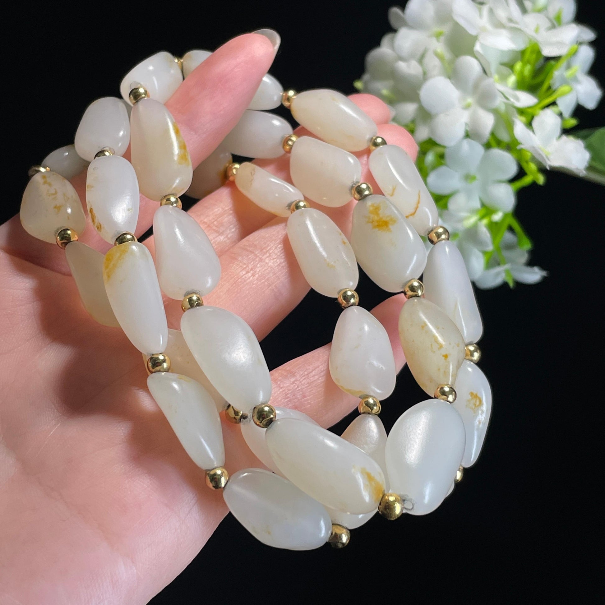 和田玉18k金配白玉带皮色籽料项链（yc337839）