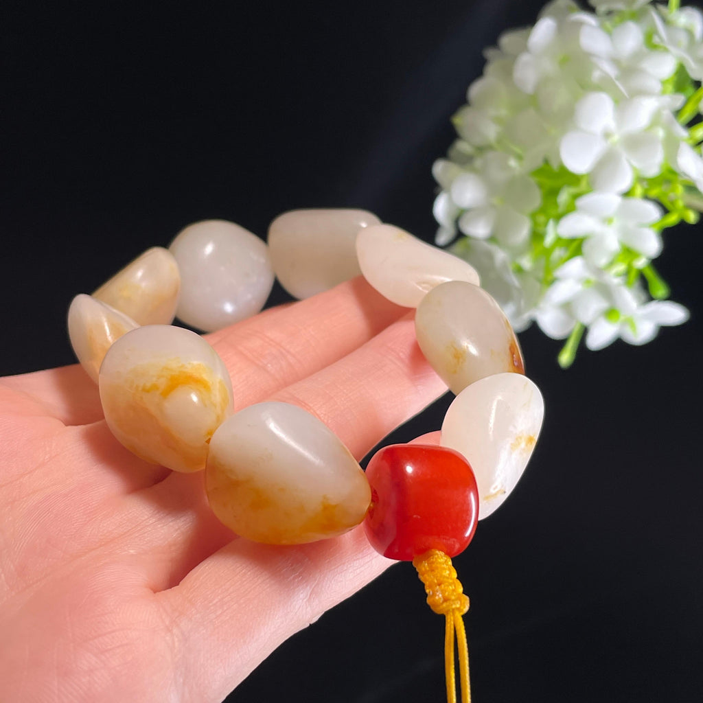和田玉白玉洒金皮红皮原籽手串（yc356192）