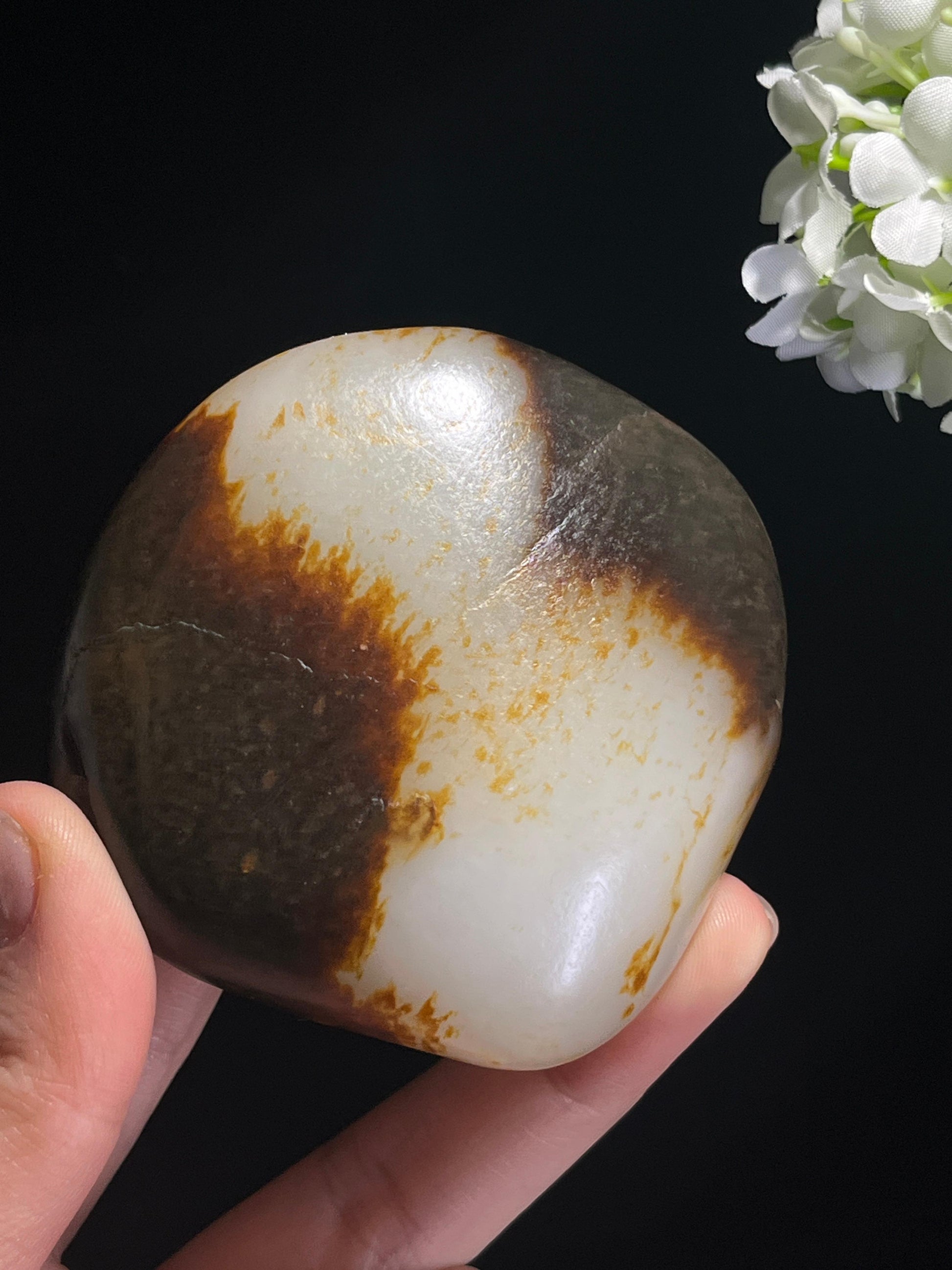 和田玉收藏级白玉聚黑双面皮籽料原石（yc262844）