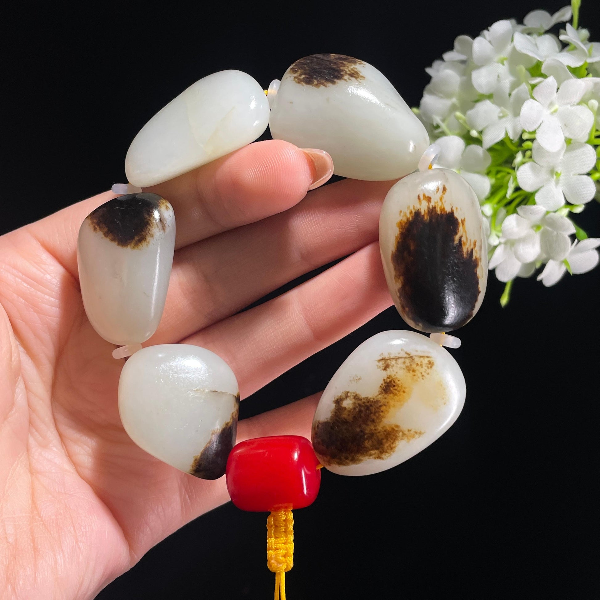 和田玉白玉聚黑皮原籽手串（yc381842）