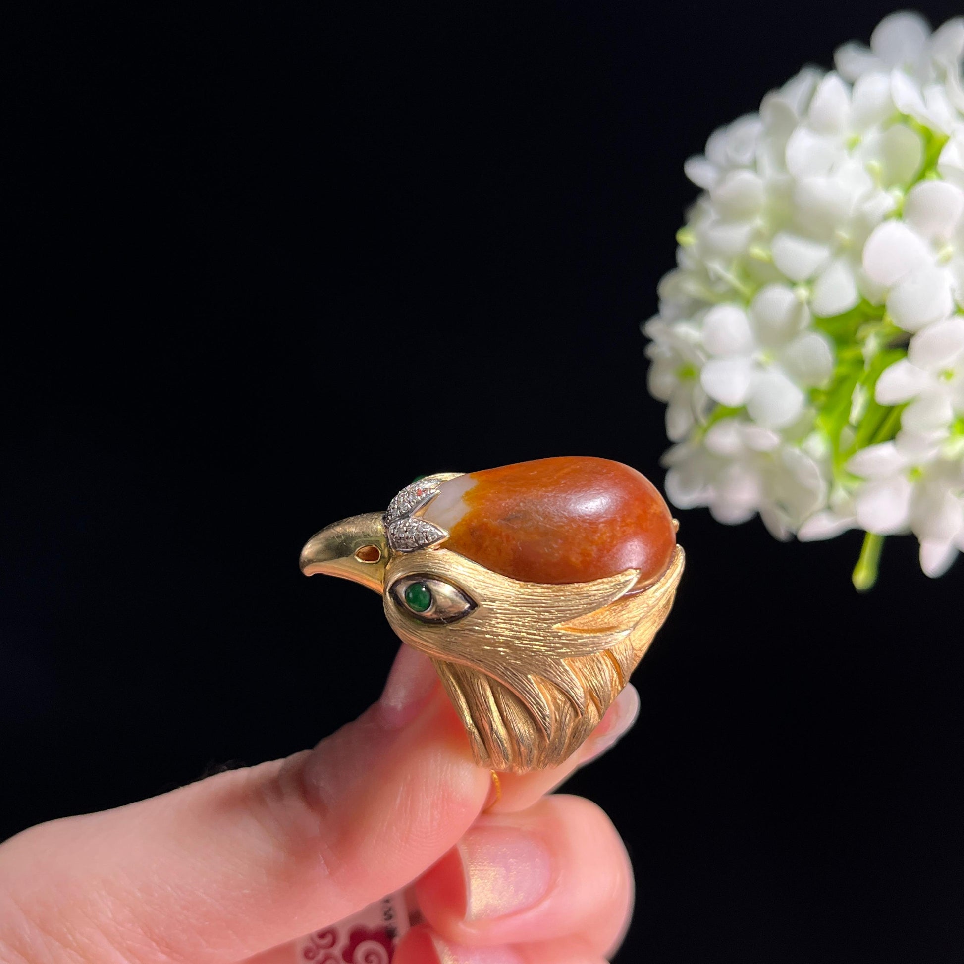 和田玉红沁“赤冠金翎”18K金镶籽料戒指（yc331332）