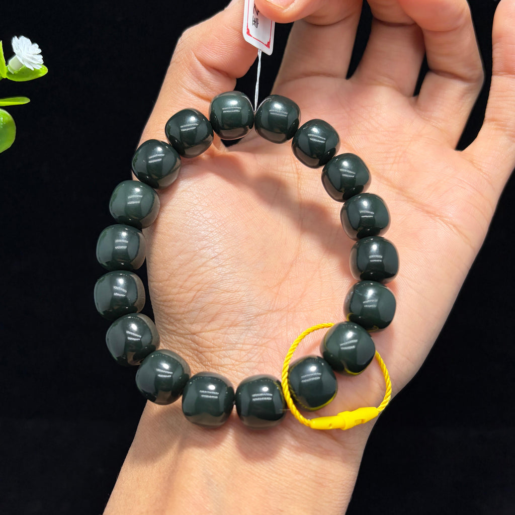 和田玉塔青一细老型珠手串（yc788090）