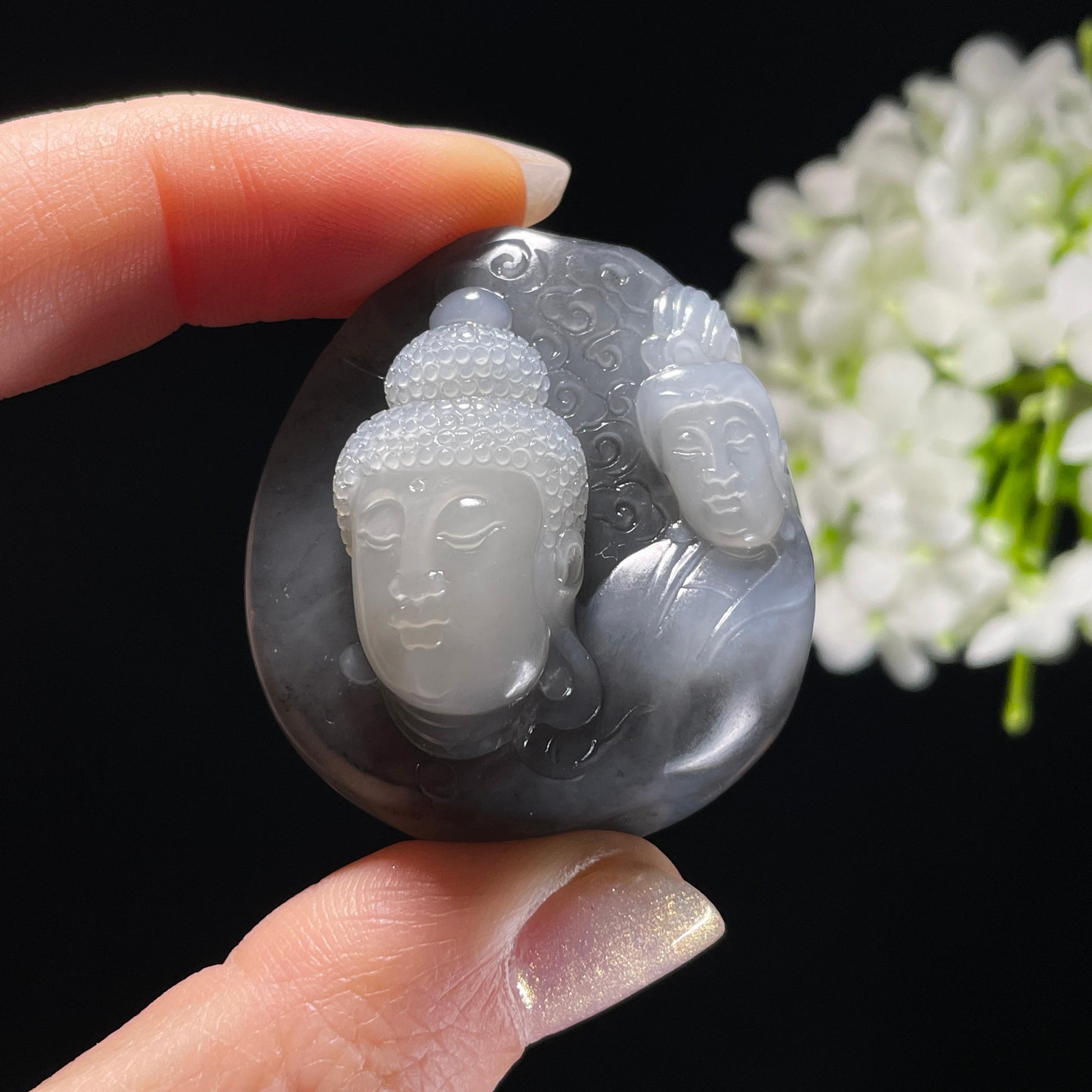 和田玉青花籽料洒金皮“双圣莲运”佛、观音雕刻挂件（yc325491）