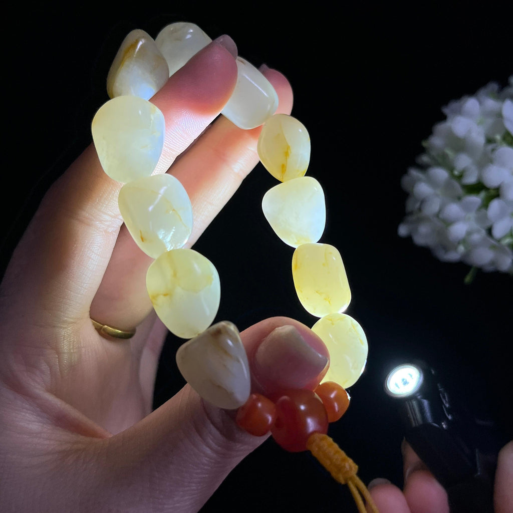 和田玉白玉青白玉洒金皮“玉静星金”籽料手串（yc300575）