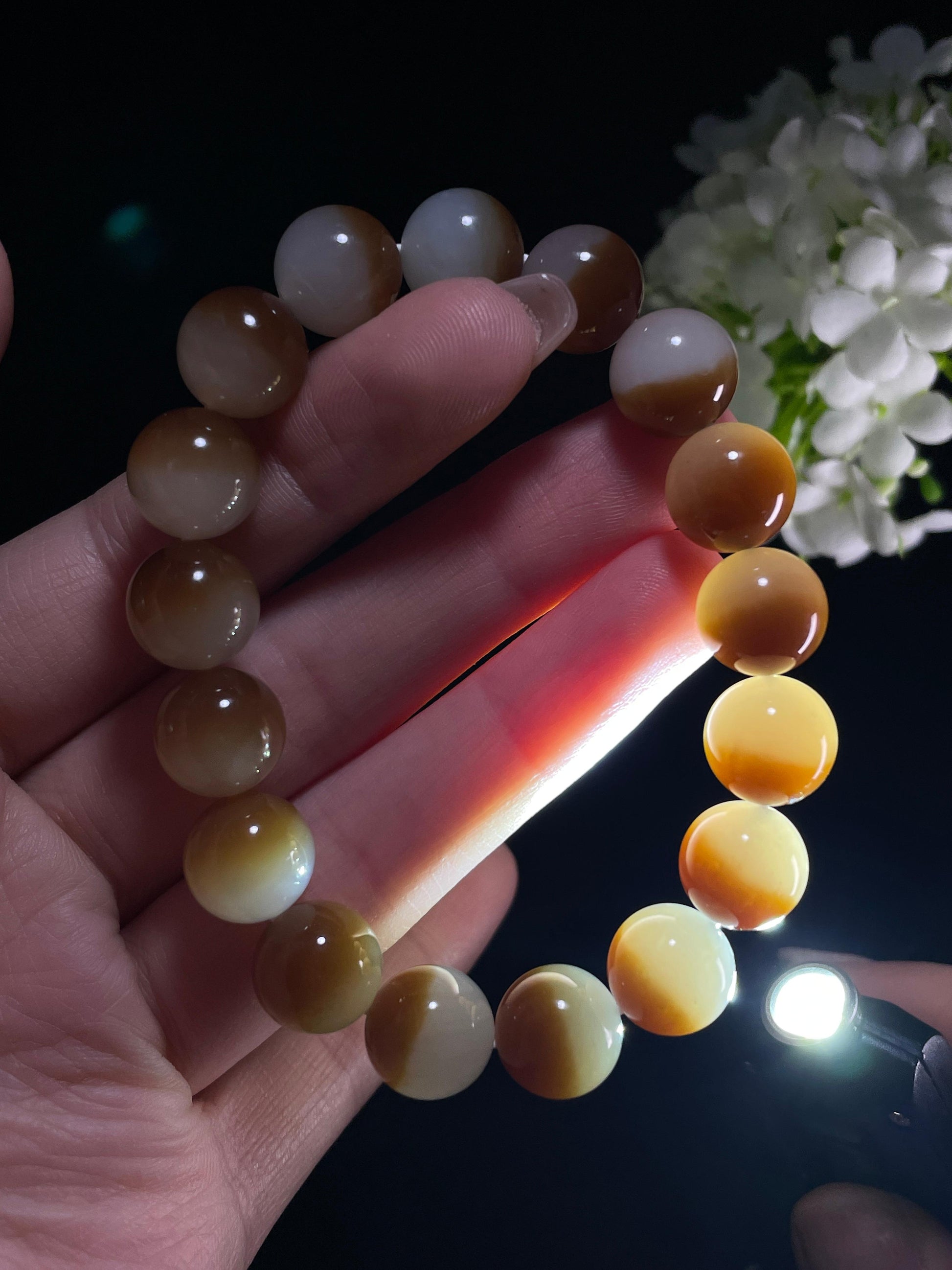 新疆天然和田玉糖白玉聚宝盆圆珠手串（yc357660）