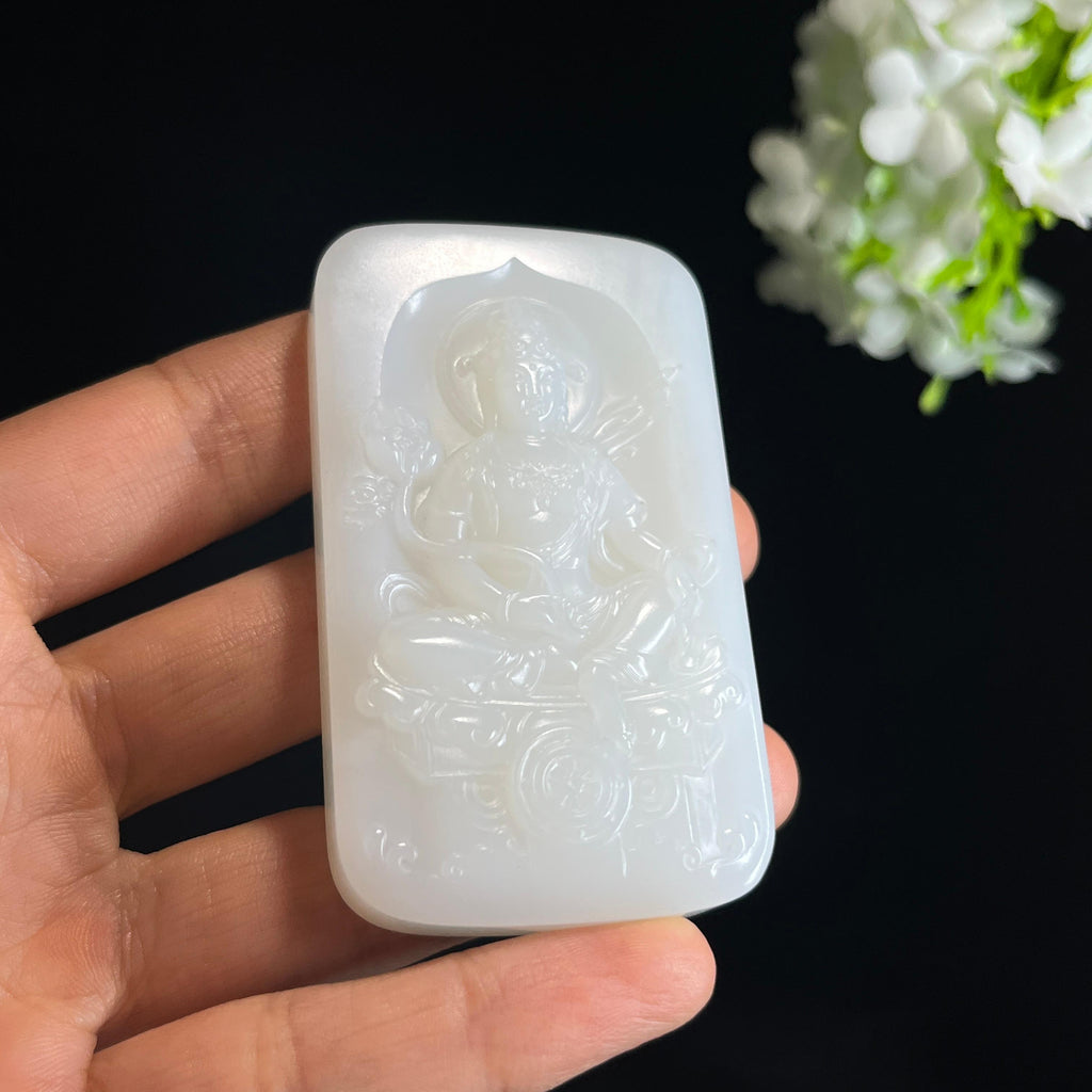 和田玉羊脂白玉“莲台行愿”普贤雕刻挂件（yc349412）