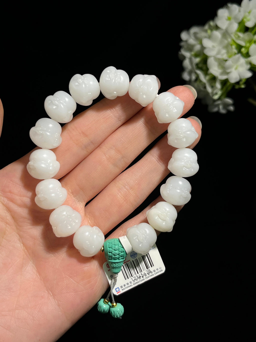 和田玉白玉弥勒佛头雕刻手串（yc245271）
