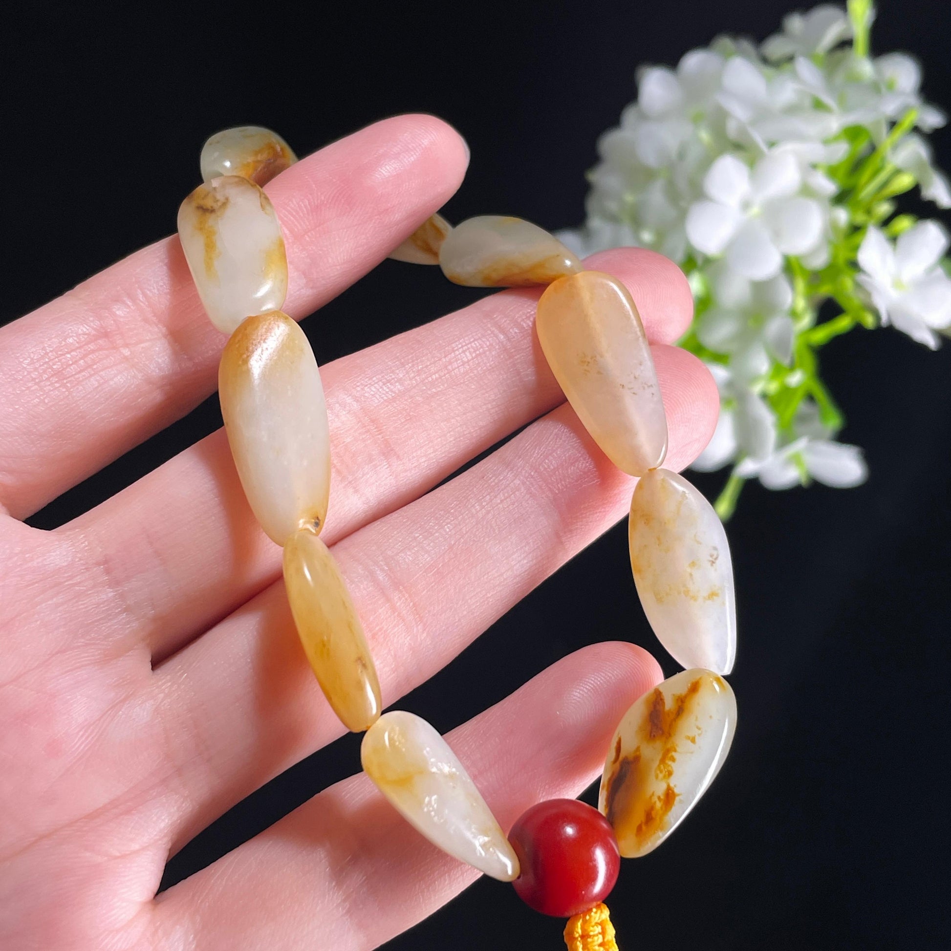 新疆天然和田玉白玉红皮原籽手串（10颗）（yc395998）