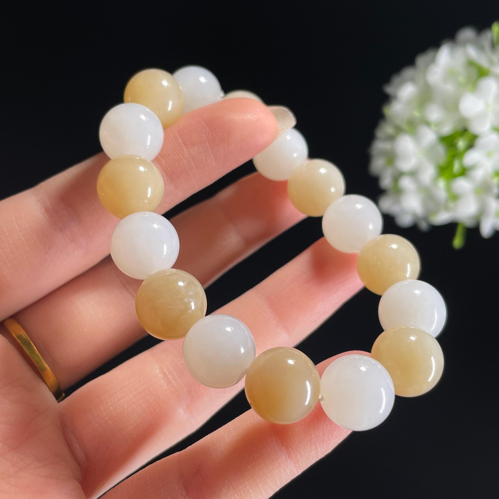 和田玉糖白玉“雪蜜交织”圆珠手串（yc332142）