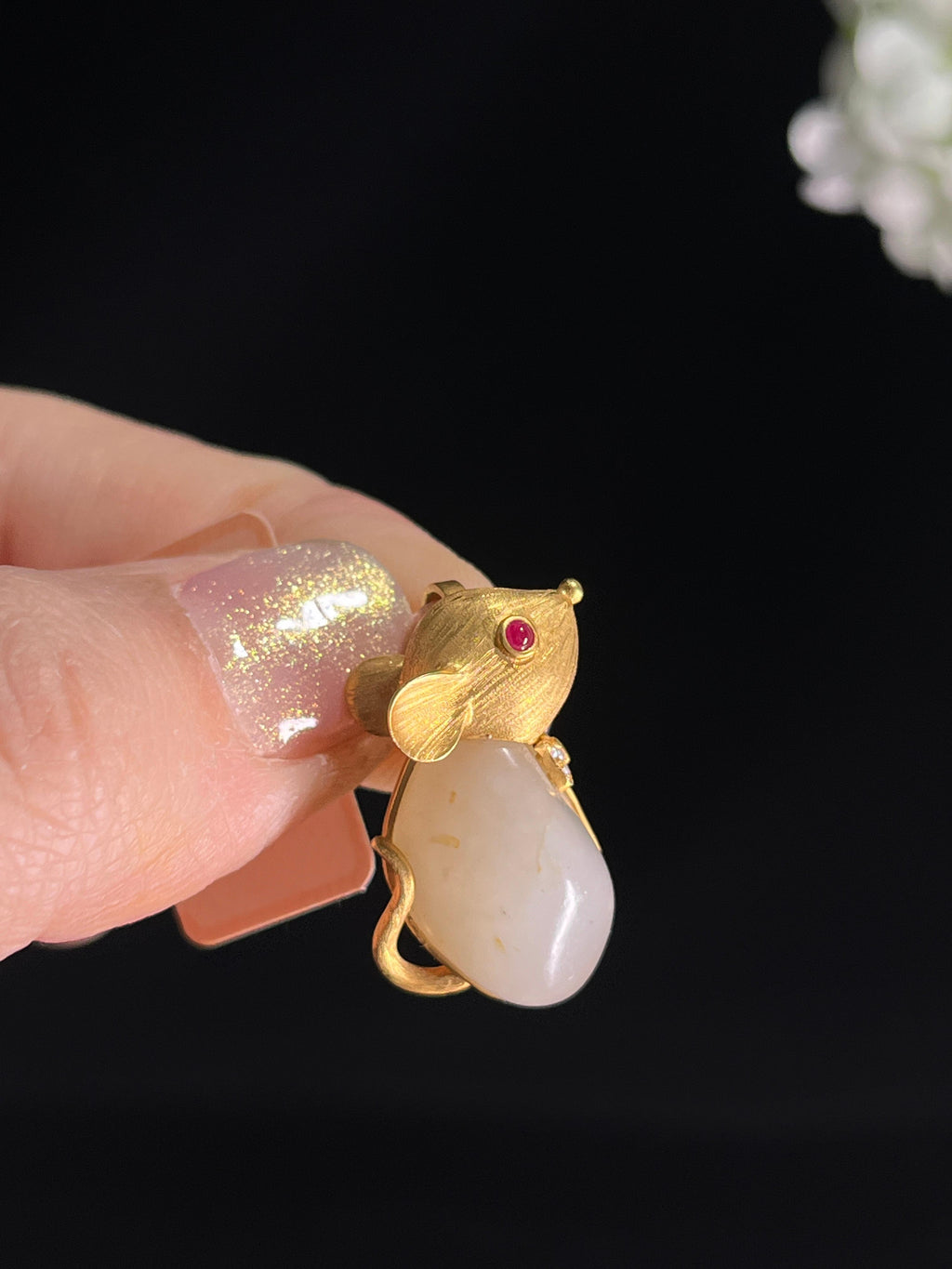 新疆天然和田玉籽料洒金皮18k金镶生肖鼠吊坠（yc268224）