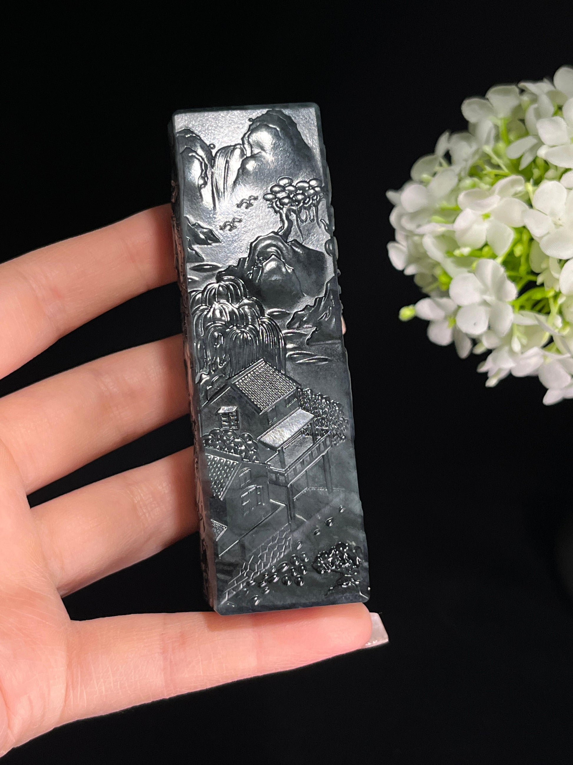 和田玉青花山水印章（yc244629）