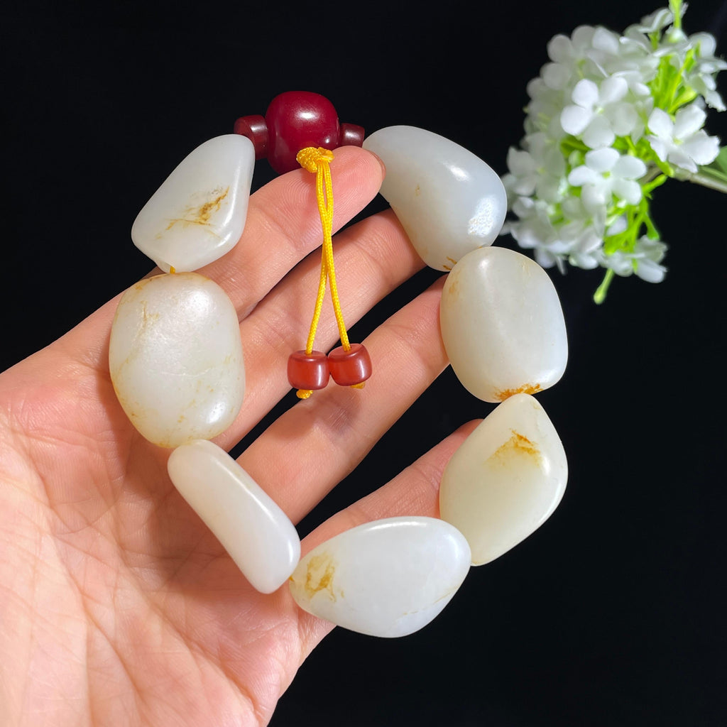 和田玉白玉洒金皮红皮原籽手串（yc410612）