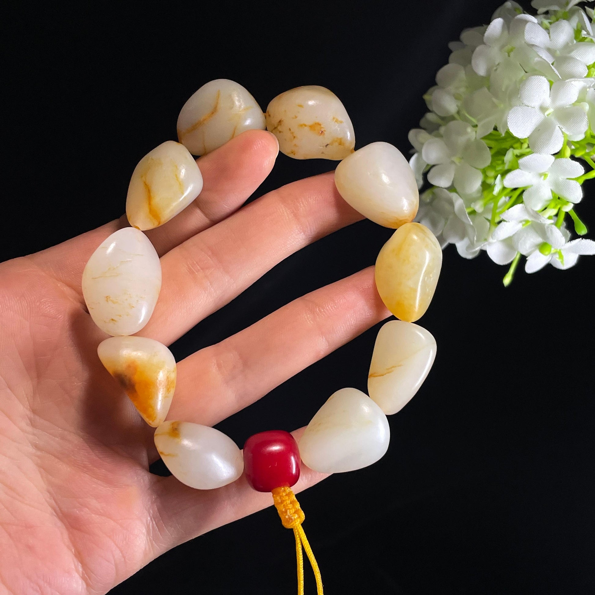 和田玉白玉洒金皮红皮原籽手串（yc356658）