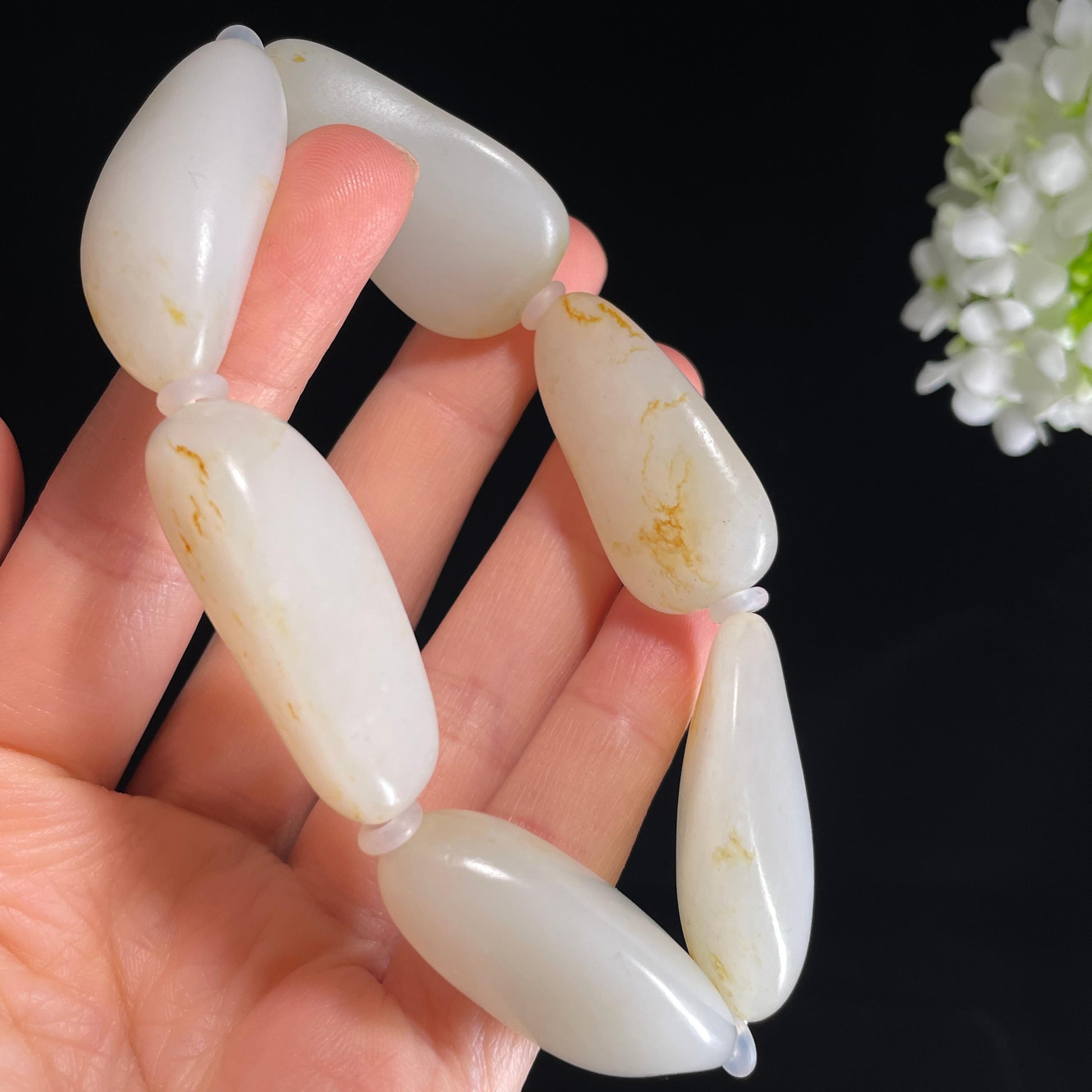 和田玉白玉洒金皮精品原籽手串（6颗）（yc421821）