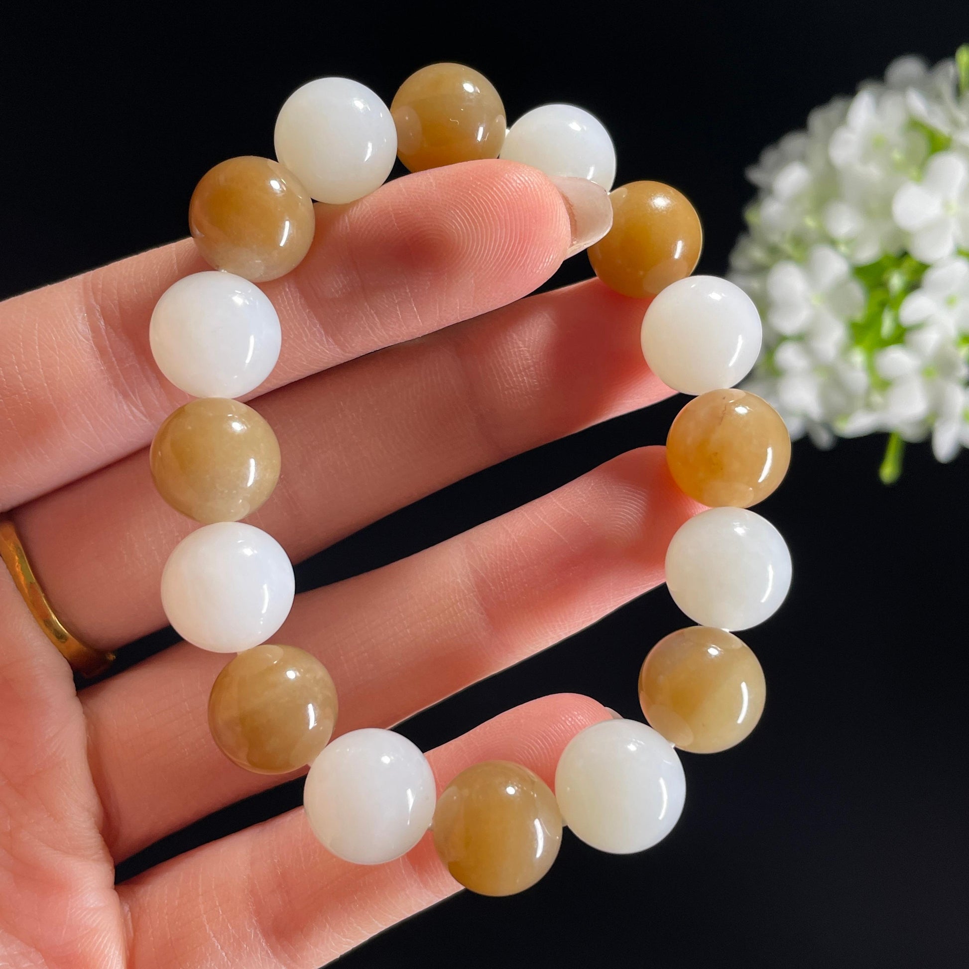 和田玉糖白玉“白雪初晴”圆珠手串（yc332146）