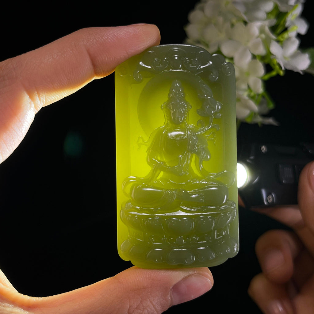 新疆天然和田玉沙枣青观音雕刻挂件（yc353793）