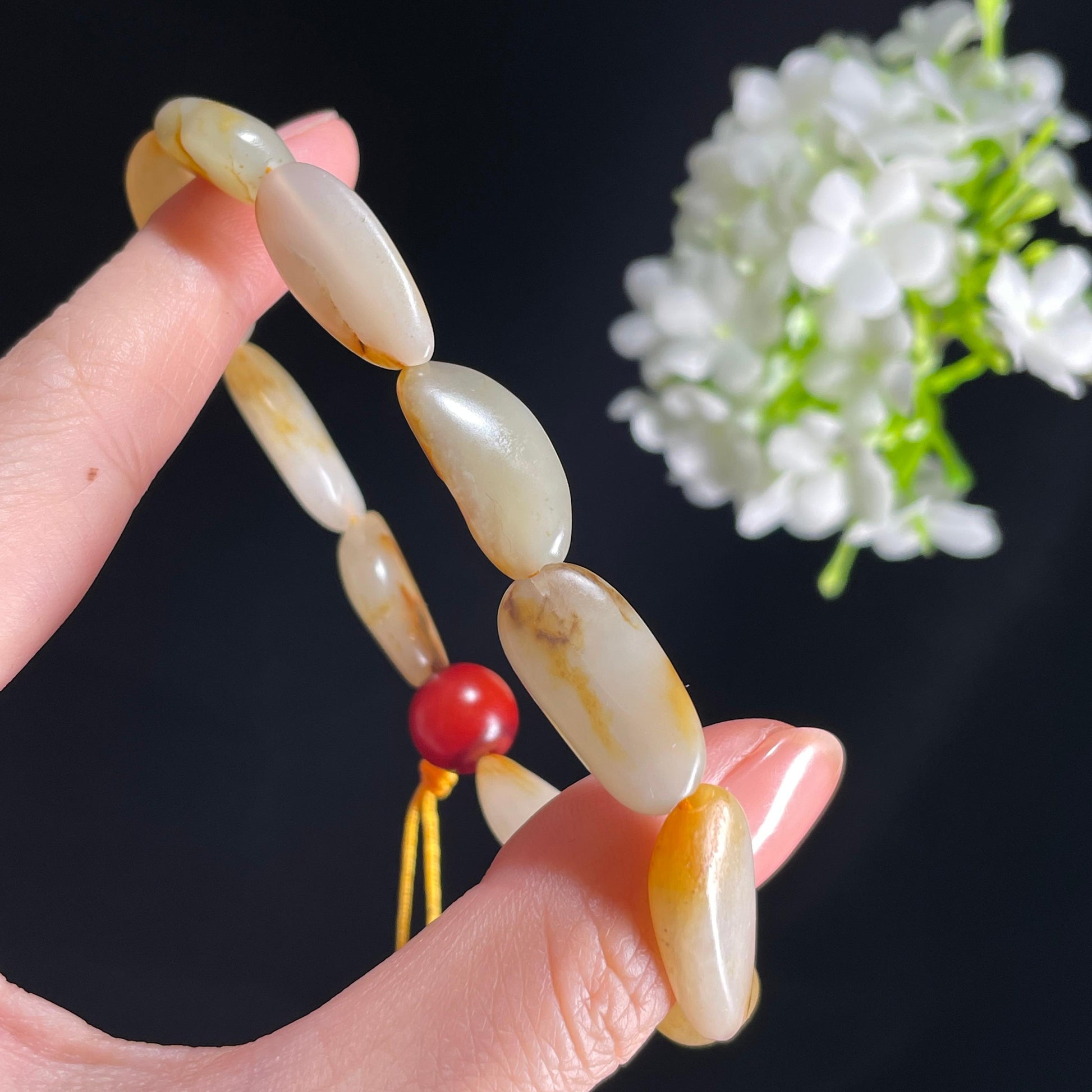 新疆天然和田玉白玉红皮原籽手串（10颗）（yc395998）