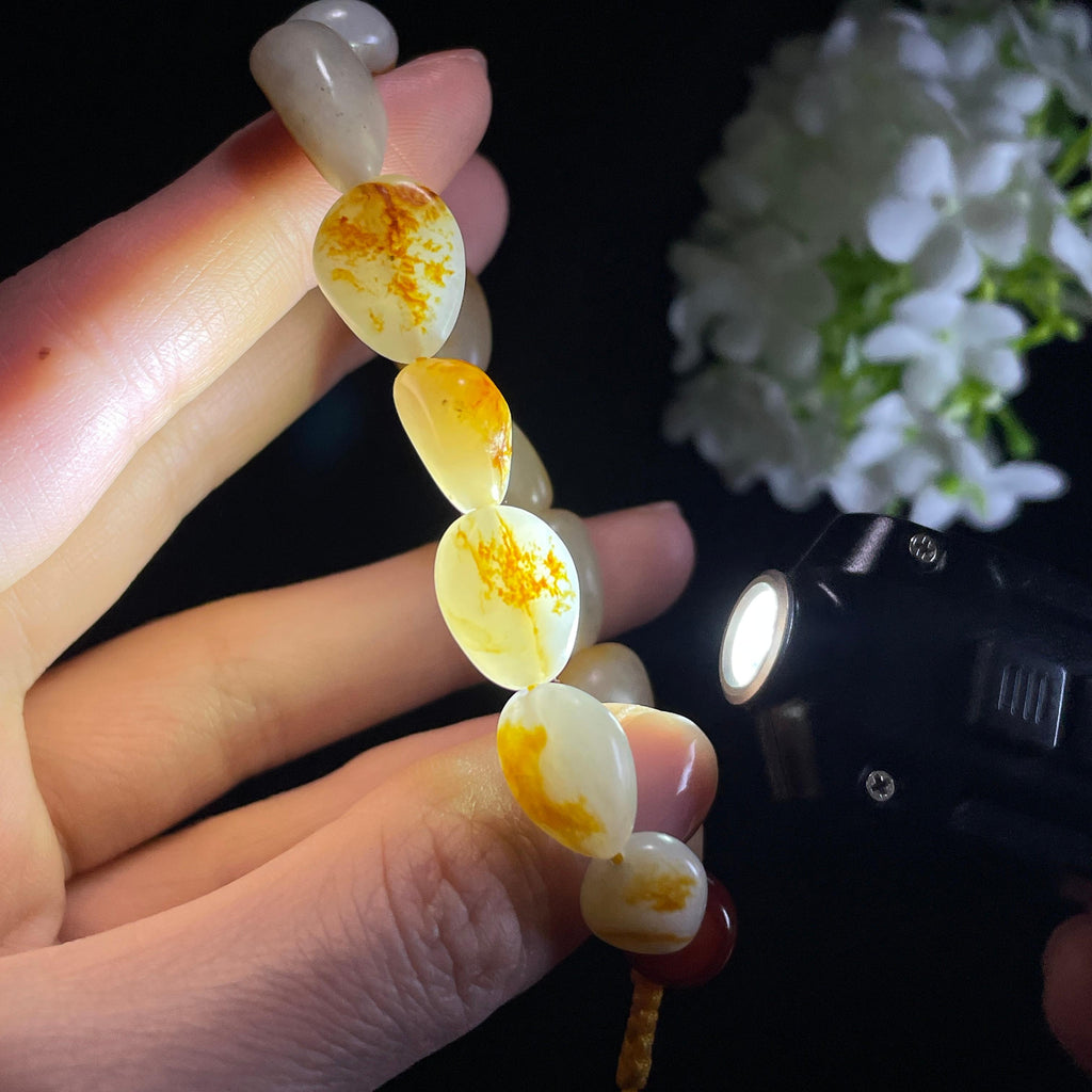 和田玉白玉青白玉红皮洒金皮原籽手串（yc356118）