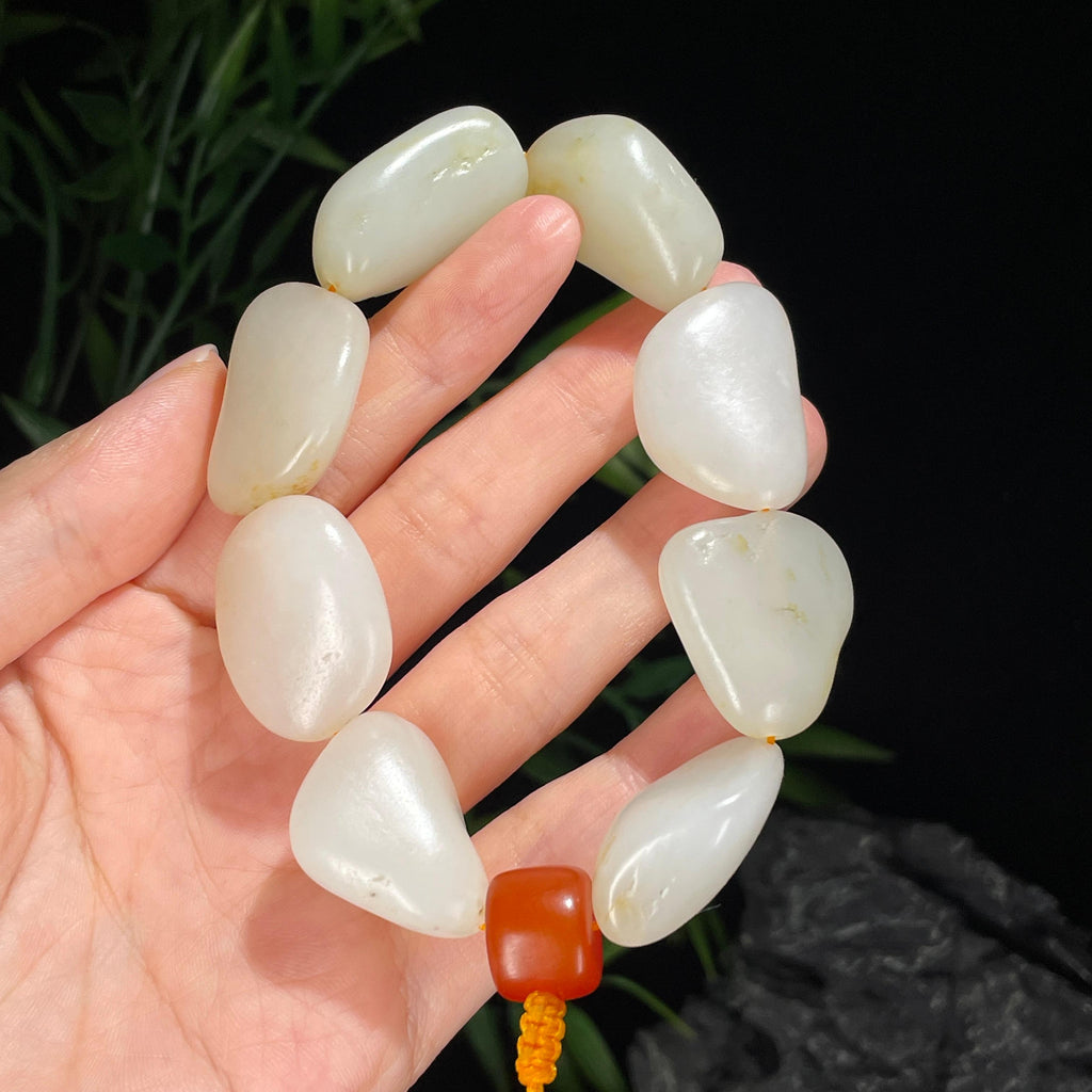 新疆和田玉珍品光白籽淡洒金皮原籽手串（8颗）（yc714494）