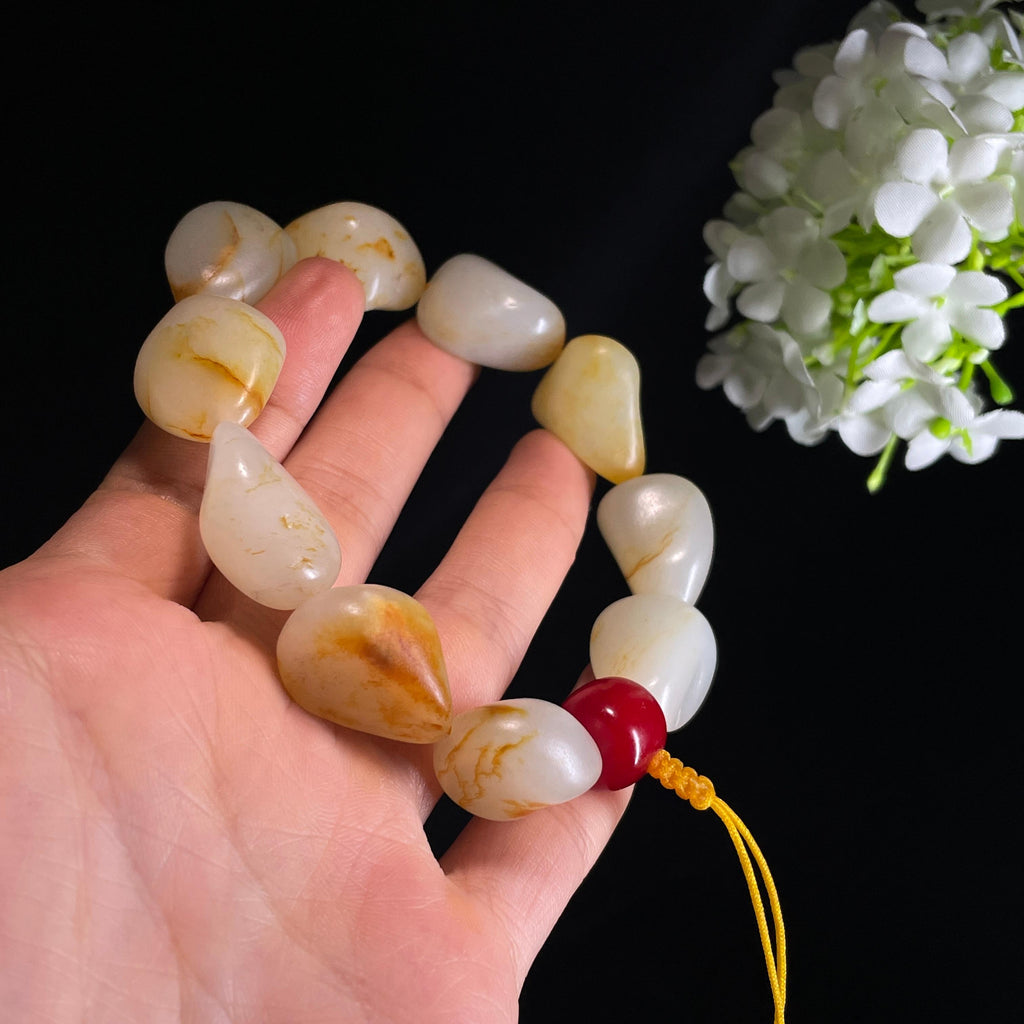 和田玉白玉洒金皮红皮原籽手串（yc356658）