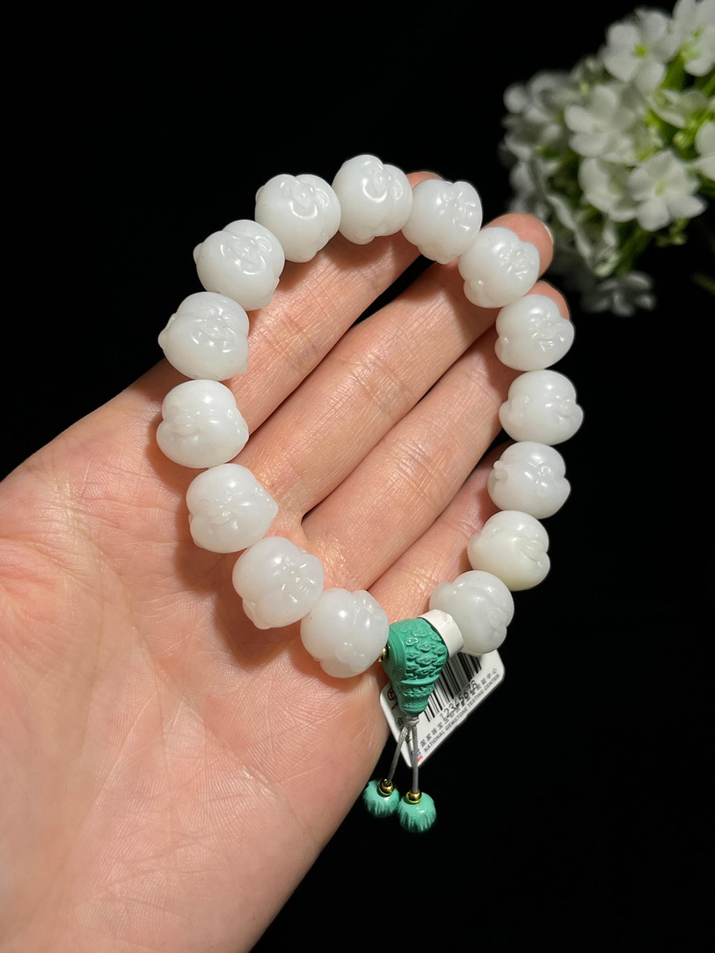 和田玉白玉弥勒佛头雕刻手串（yc245271）