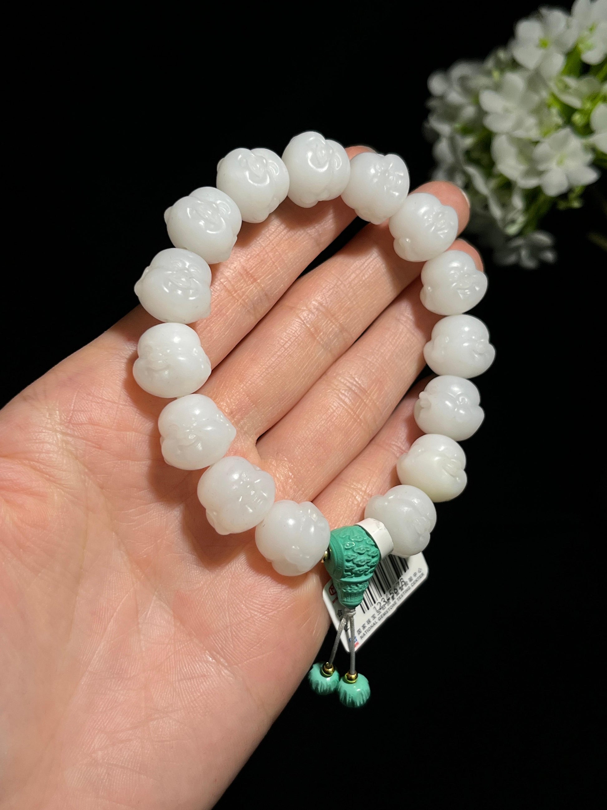 和田玉白玉弥勒佛头雕刻手串（yc245271）