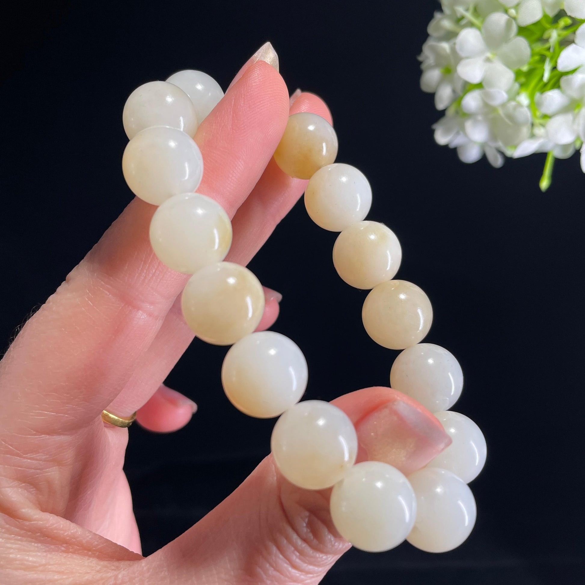 和田玉糖白玉“雪野暖光”圆珠手串（yc332153）