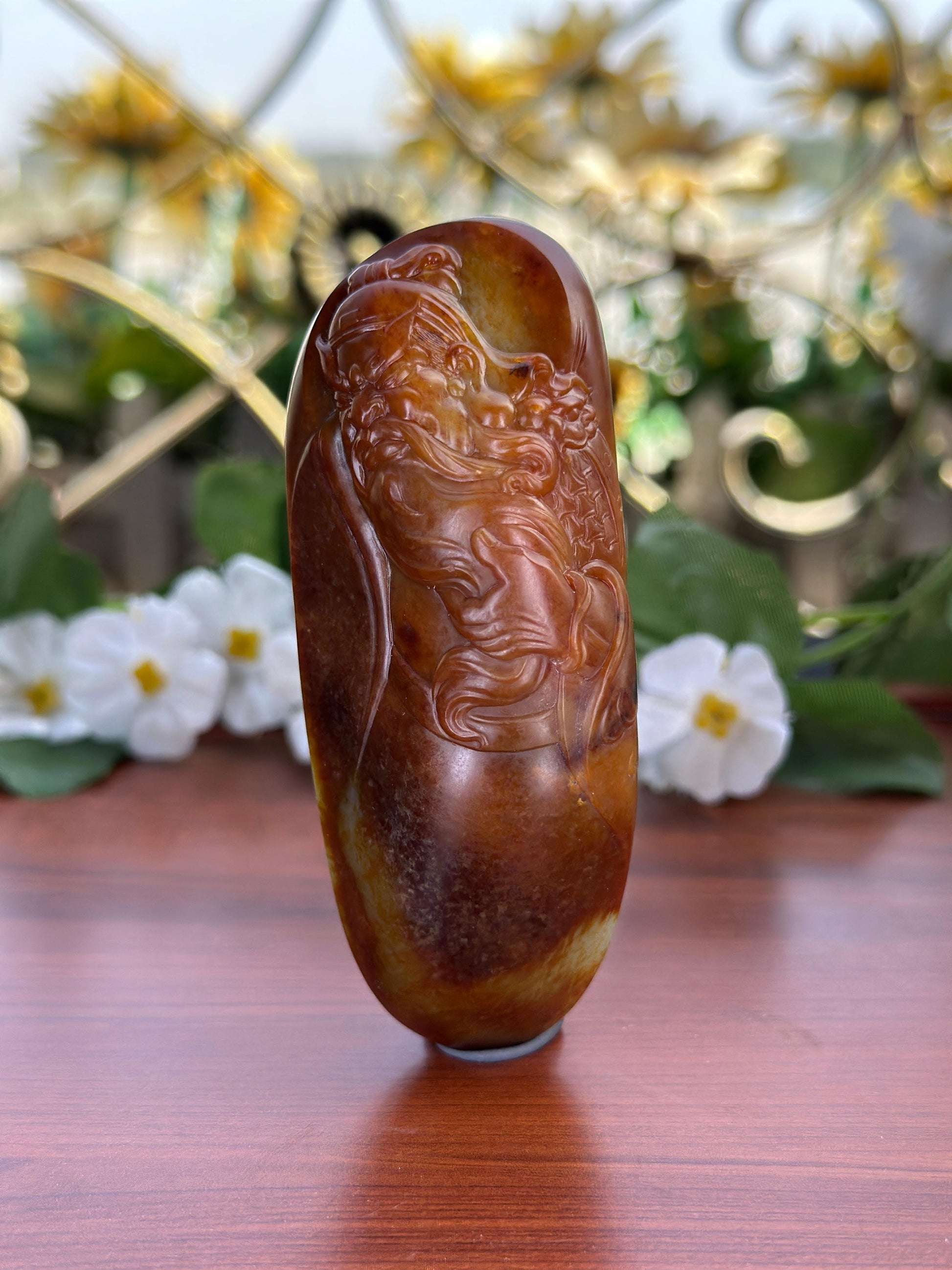 新疆和田玉珍品红皮籽料关公手把件（yc707987）
