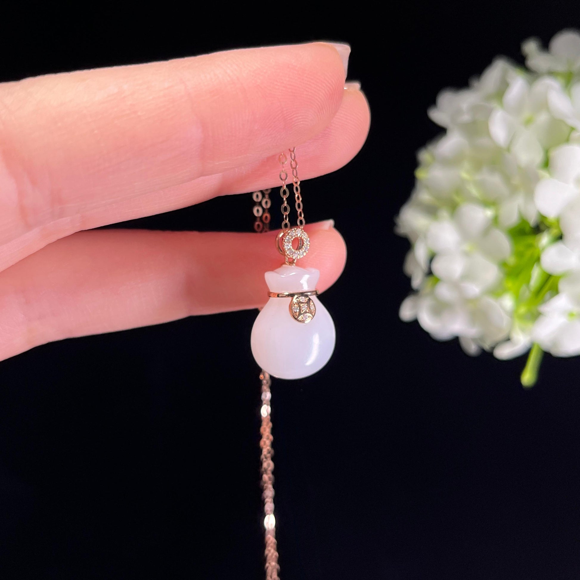 新疆天然和田玉羊脂白玉18K金镶玉福袋挂件（yc351482）