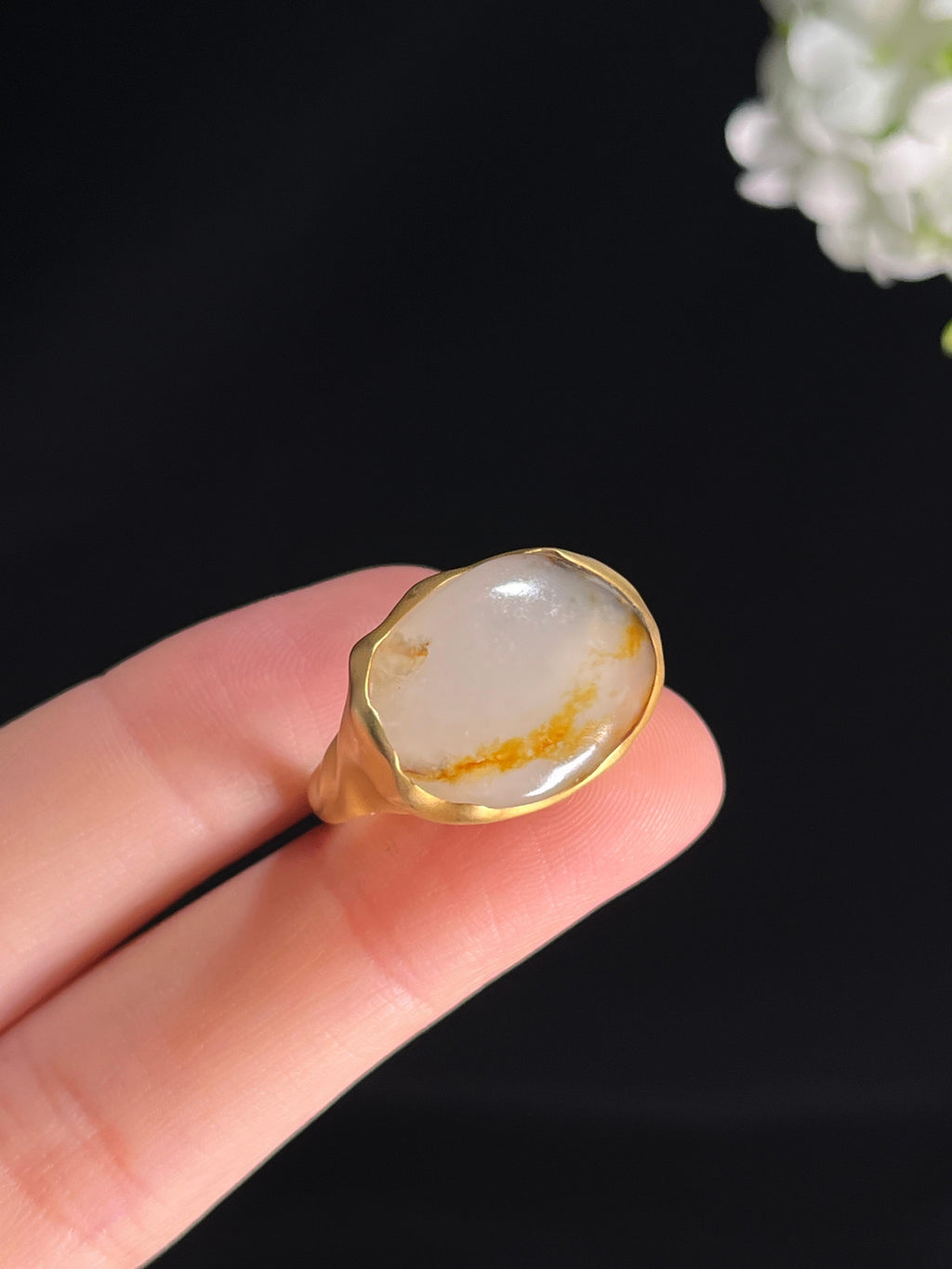 新疆天然和田玉籽料白玉18k金镶洒金皮戒指（yc268273）