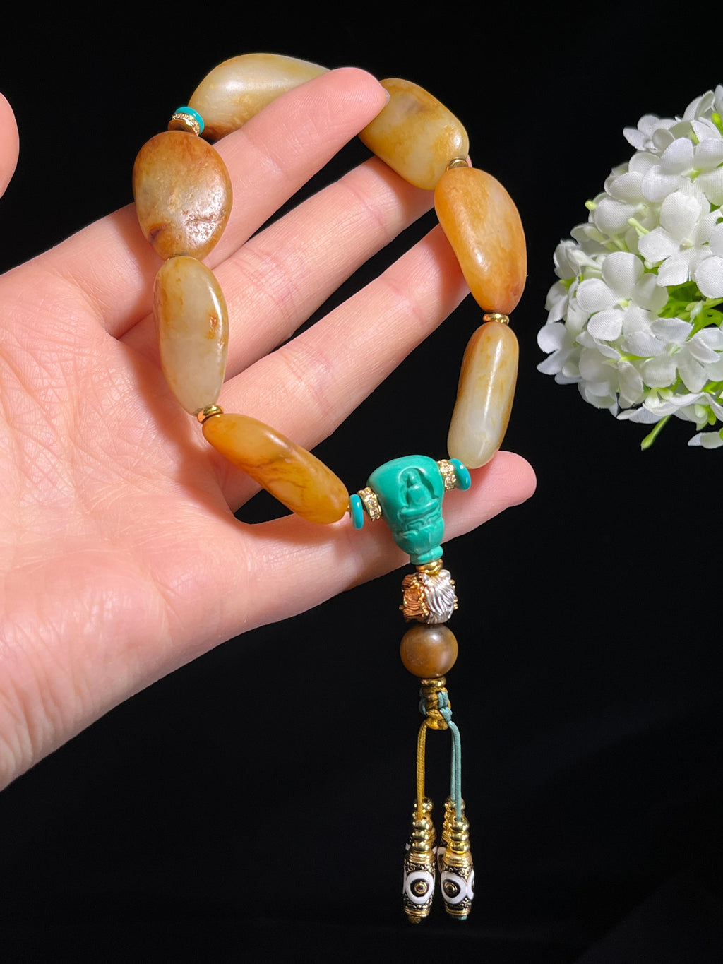 新疆天然和田玉籽料原石金包银手串1（yc262609）