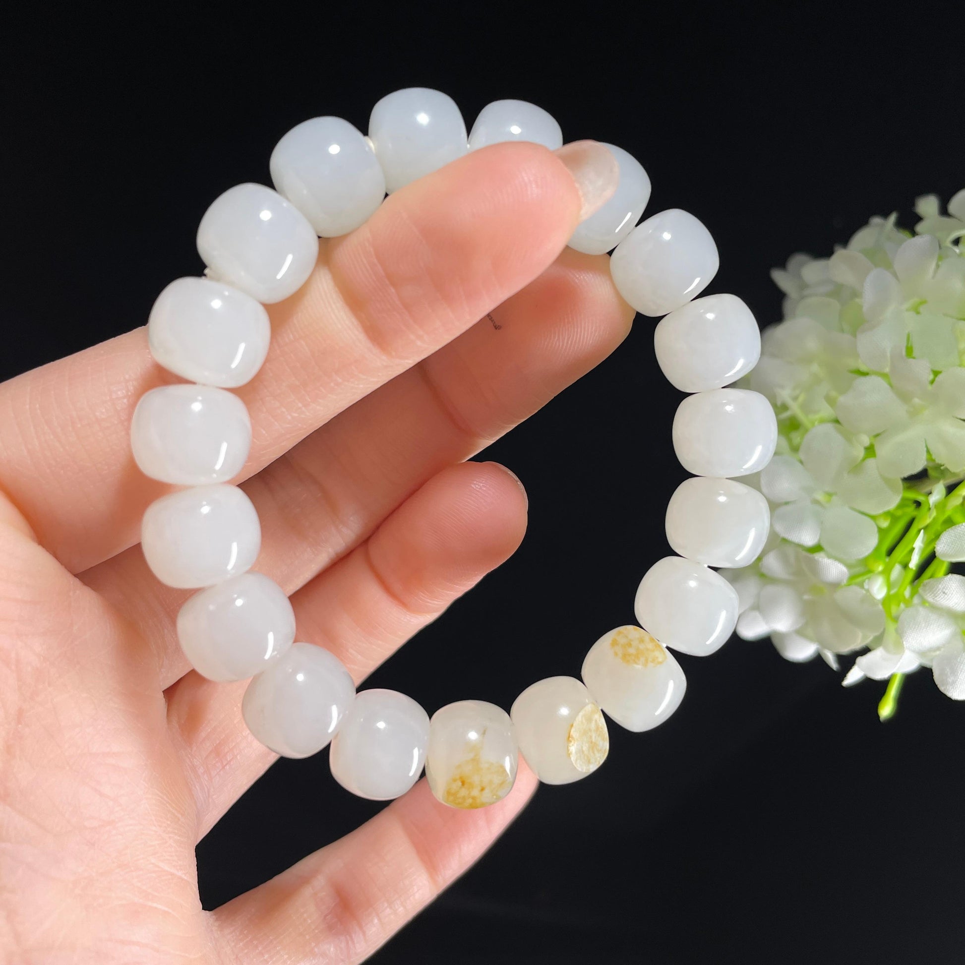 和田玉白玉洒金皮籽料算盘珠手串（19颗）（yc393158）