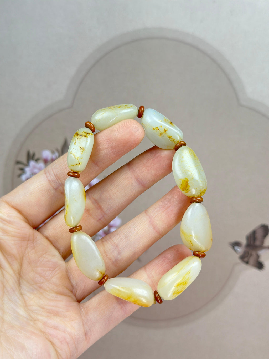 珍品新疆和田玉白玉洒金皮籽料原籽手串（11颗）（yc780011）