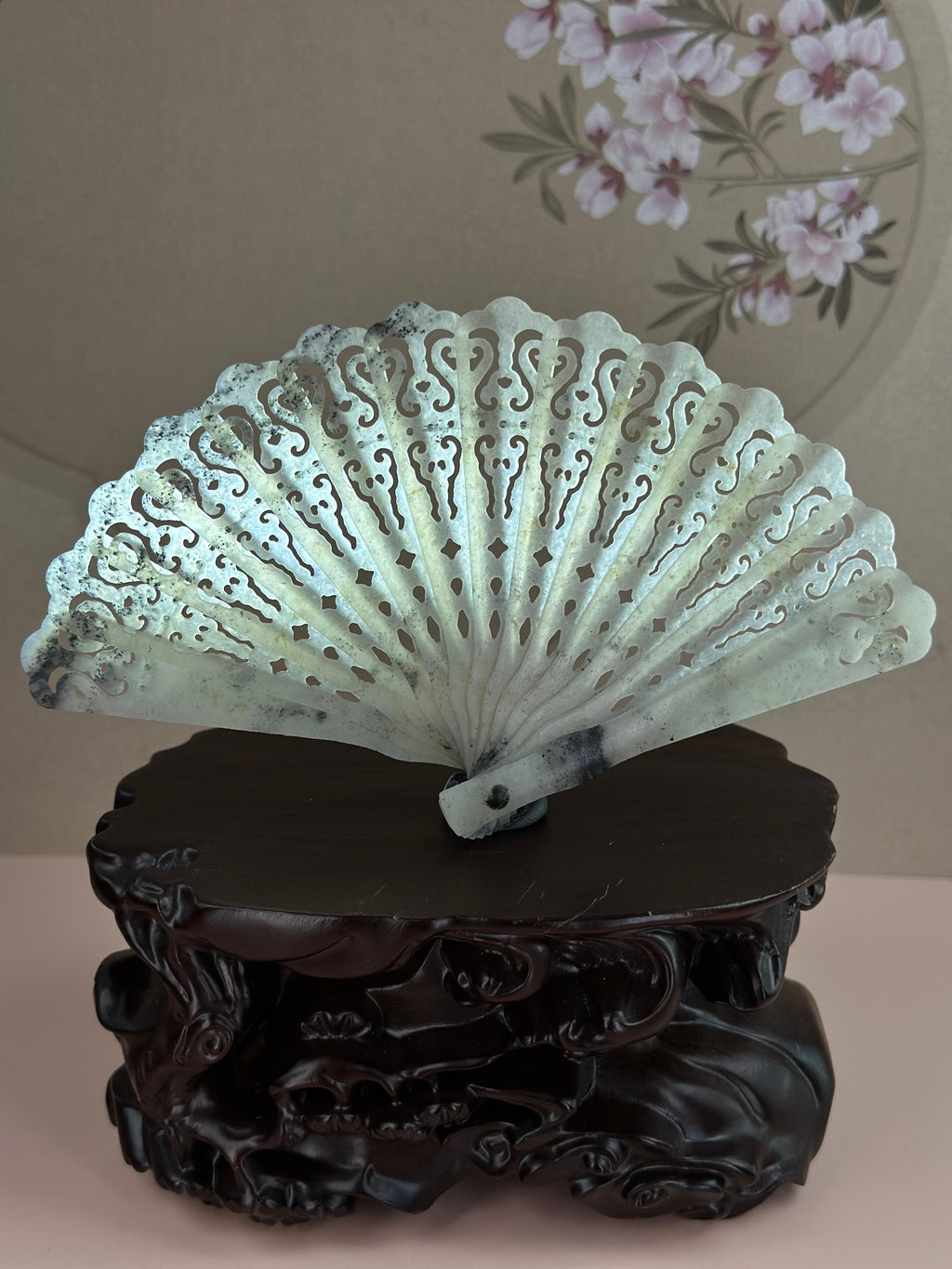 和田玉点墨青花镂空玉扇把玩件（yc751386）