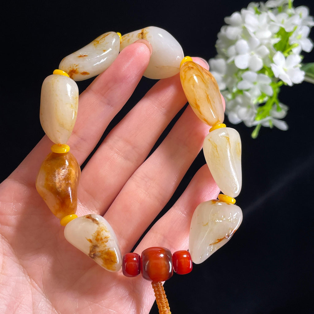 新疆天然和田玉白玉洒金皮红皮原籽手串（yc368766）