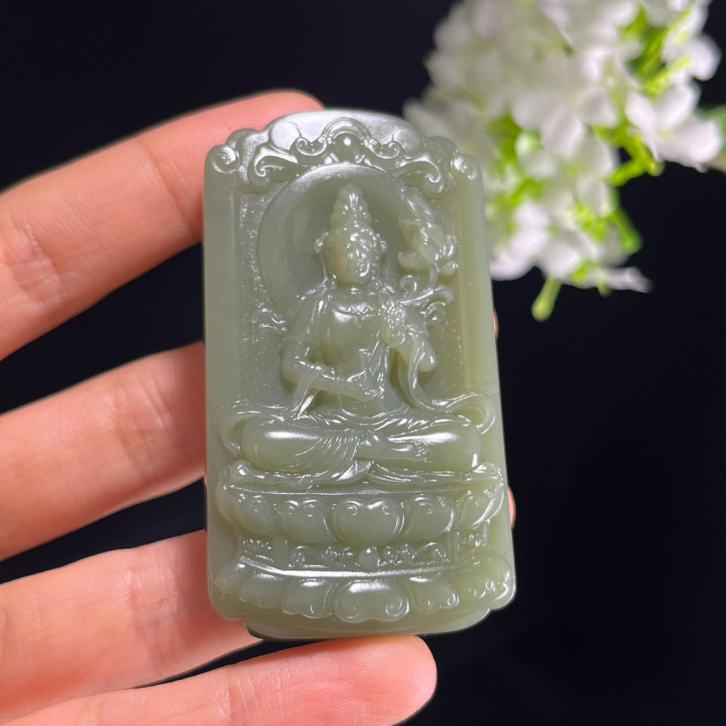 新疆天然和田玉沙枣青观音雕刻挂件（yc353793）
