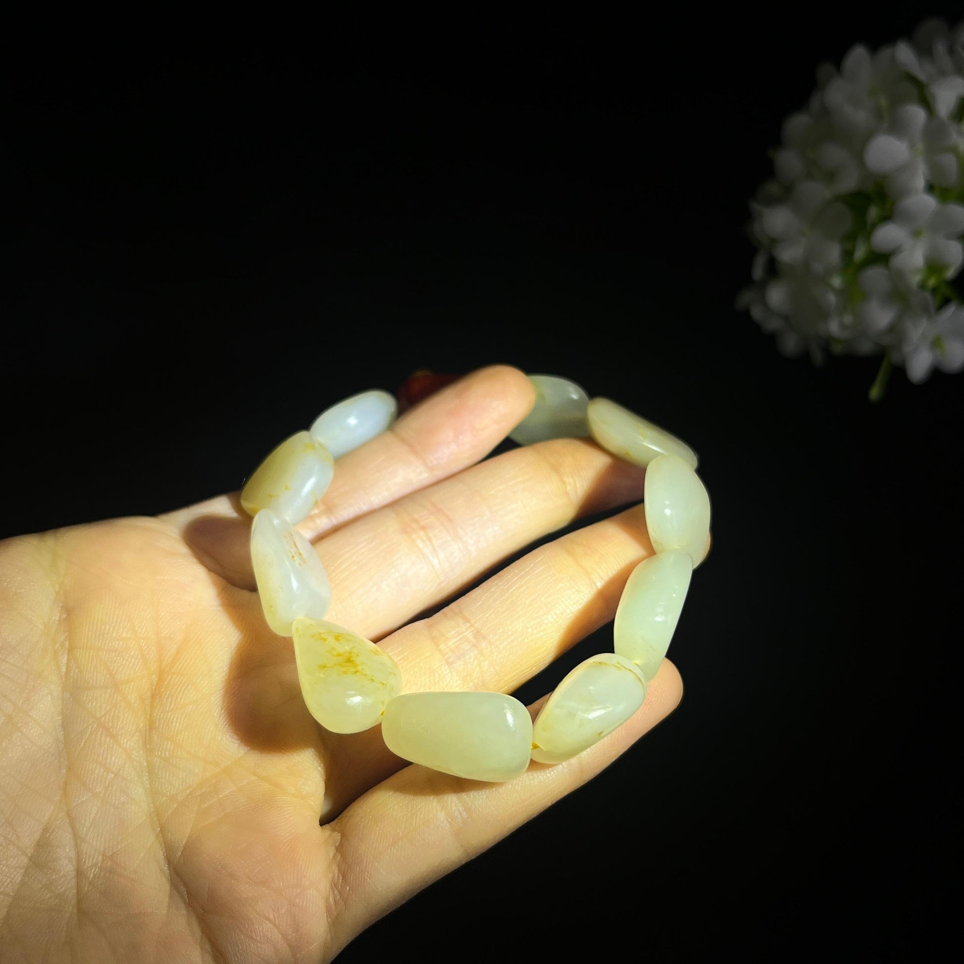 和田玉白玉洒金洒红皮“日光散玉”籽料原籽手串（yc320525）