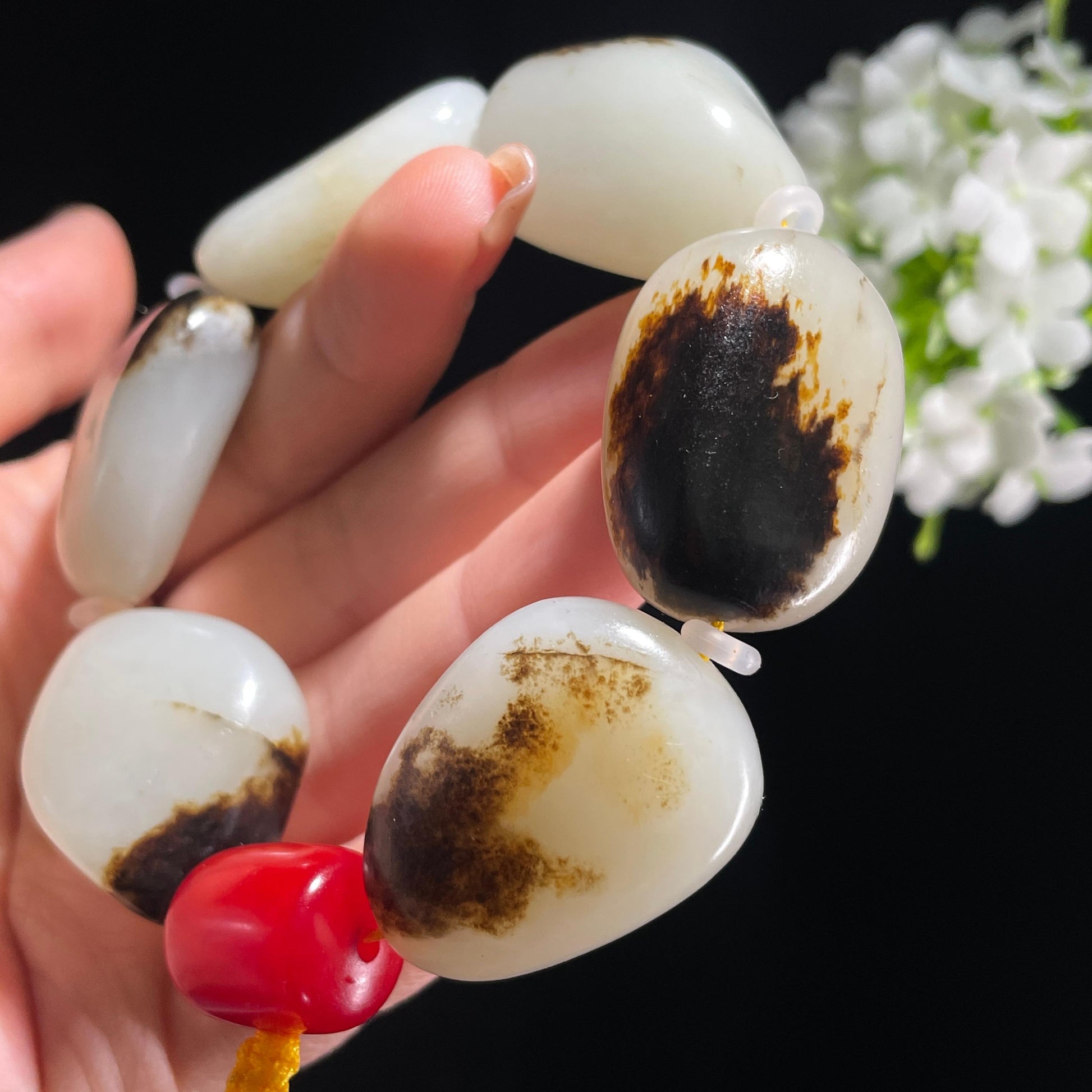 和田玉白玉聚黑皮原籽手串（yc381842）